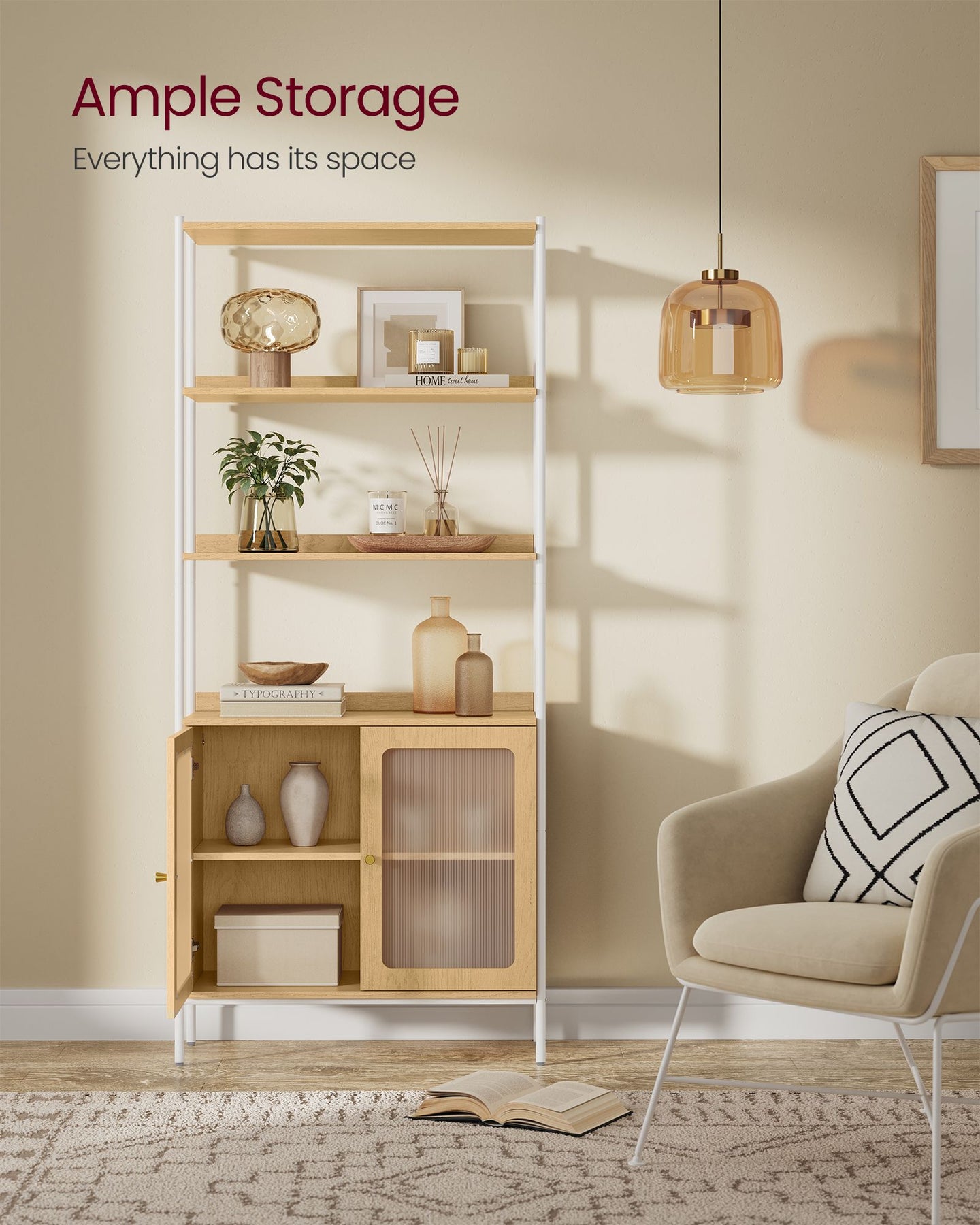 Tall Bookcase - Metal Frame - Oak Beige - Rattan-Like Doors