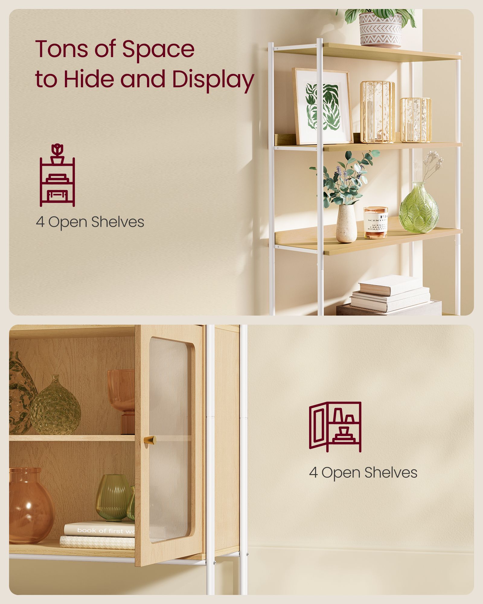 Tall Bookcase - Metal Frame - Oak Beige - Rattan-Like Doors