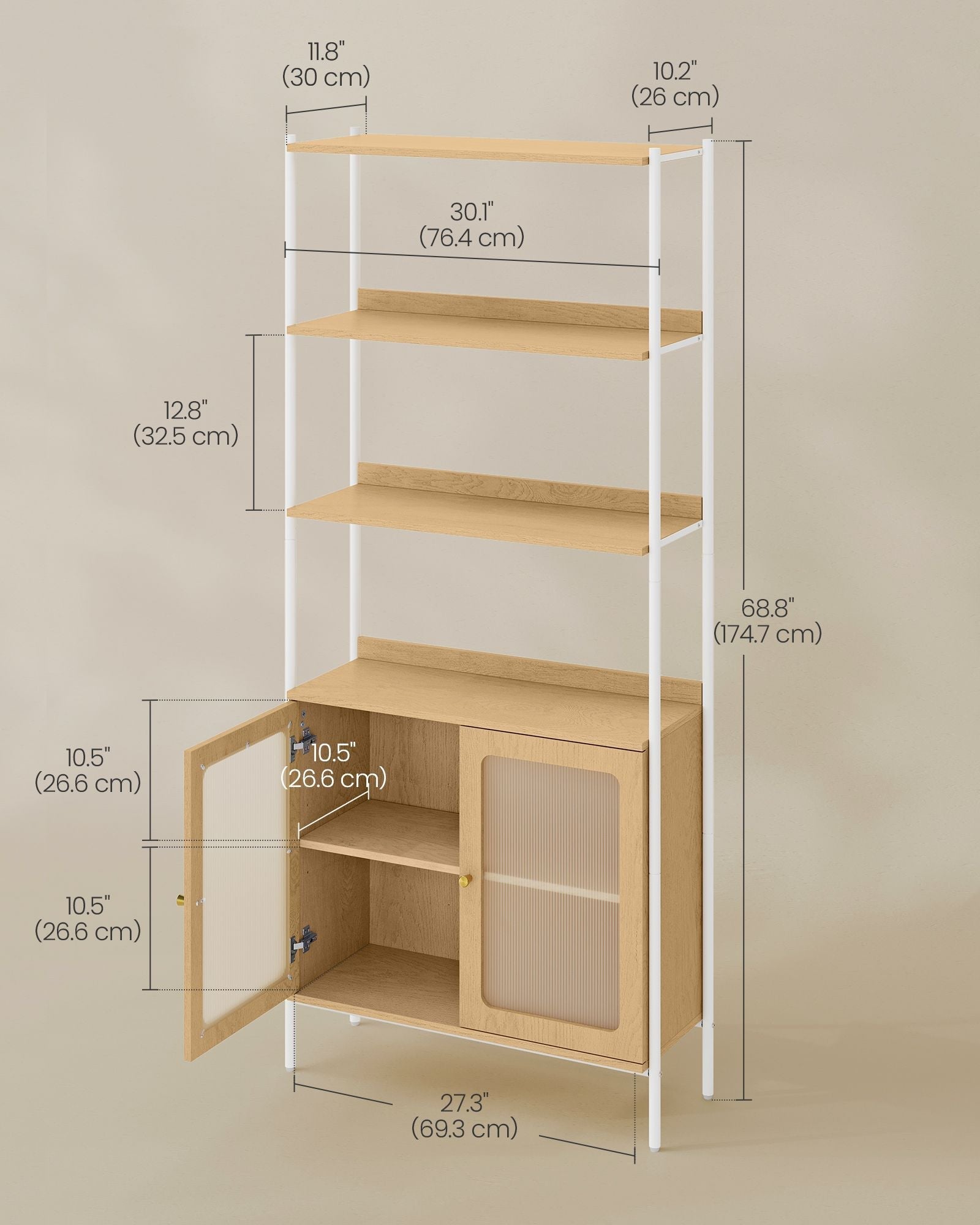 Tall Bookcase - Metal Frame - Oak Beige - Rattan-Like Doors