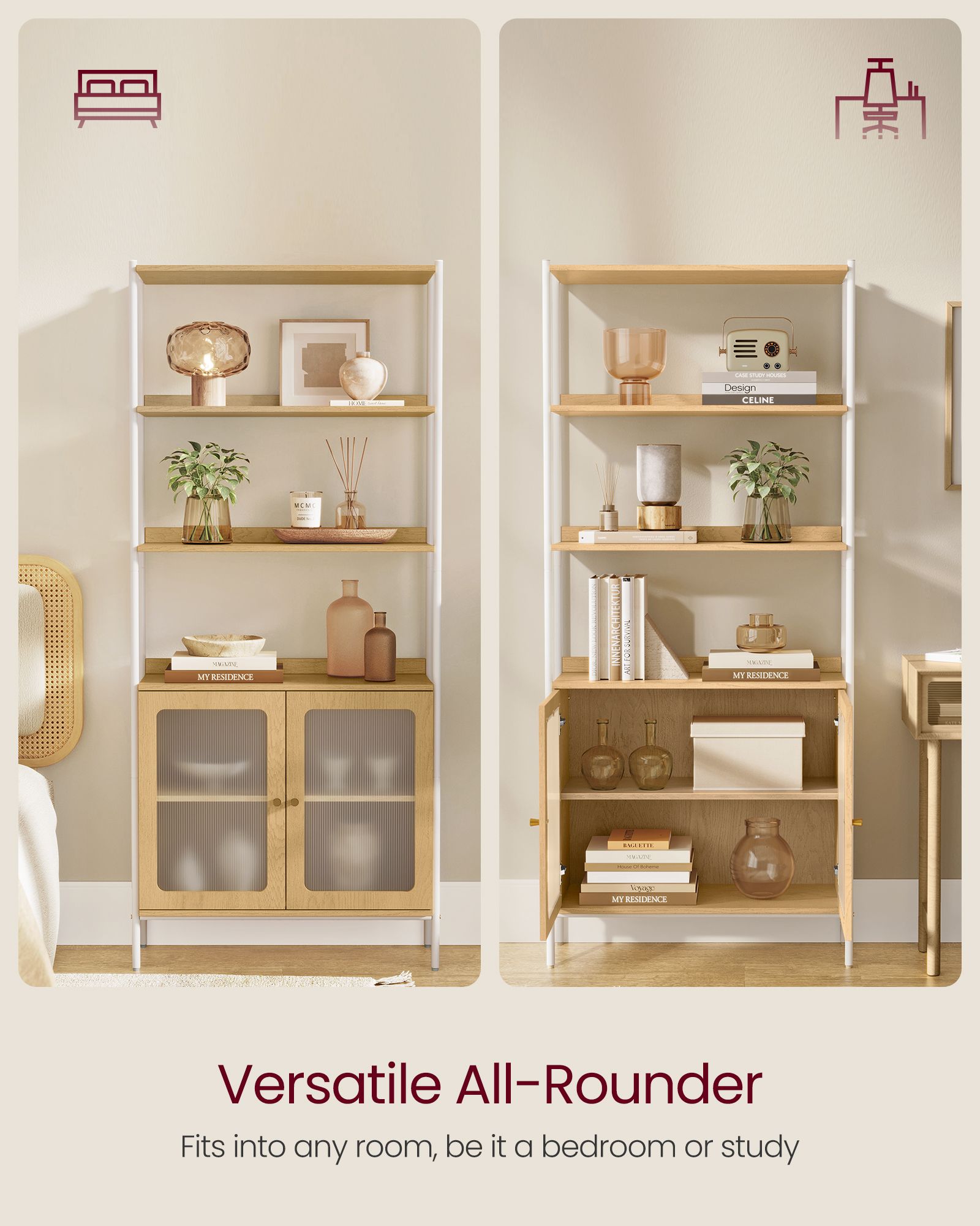 Tall Bookcase - Metal Frame - Oak Beige - Rattan-Like Doors