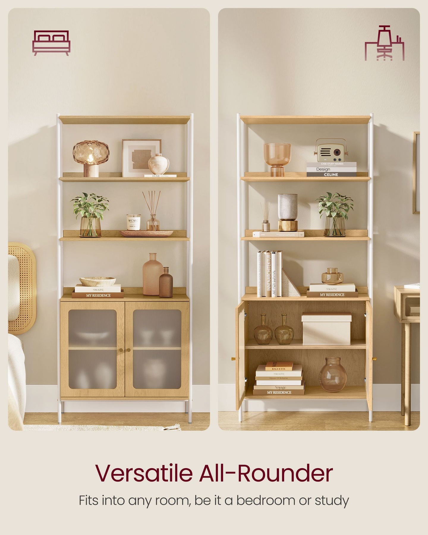 Tall Bookcase - Metal Frame - Oak Beige - Rattan-Like Doors