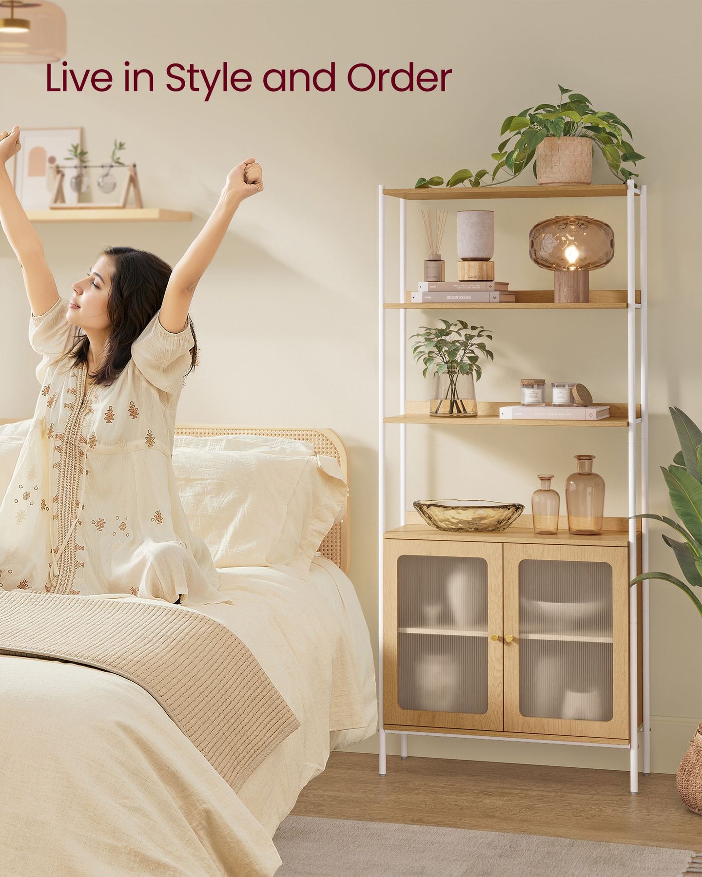Tall Bookcase - Metal Frame - Oak Beige - Rattan-Like Doors