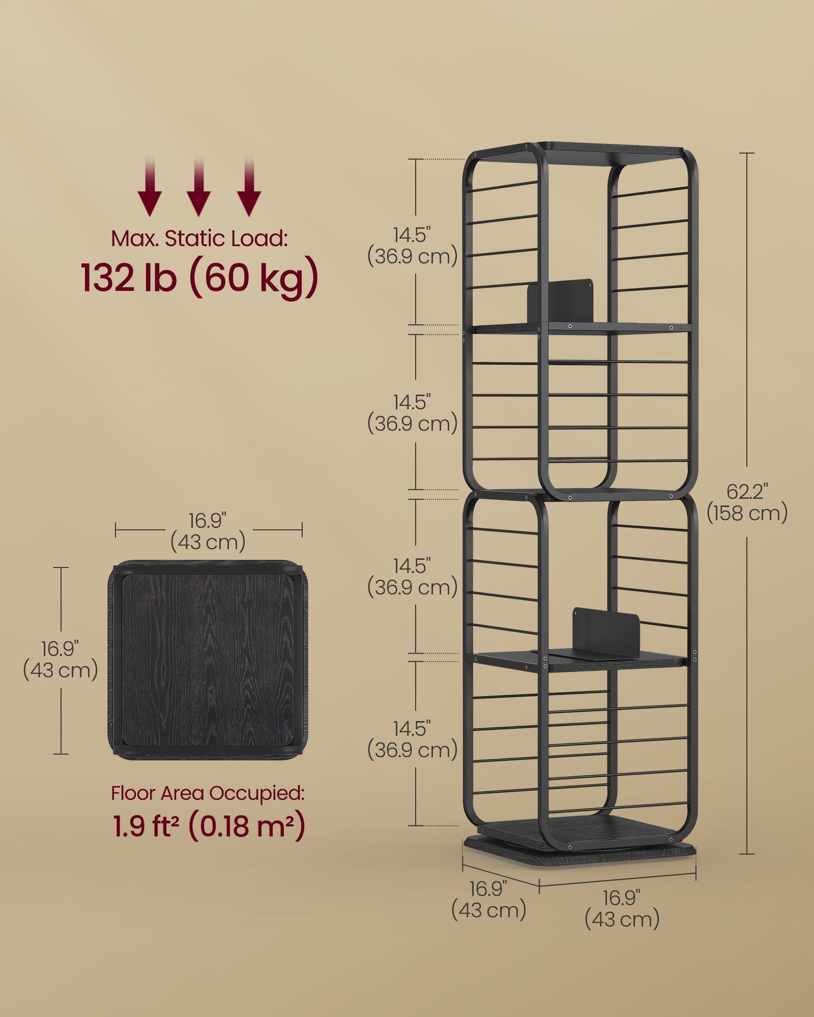 4-Tier Rotating Bookshelf - Steel - Ebony Black