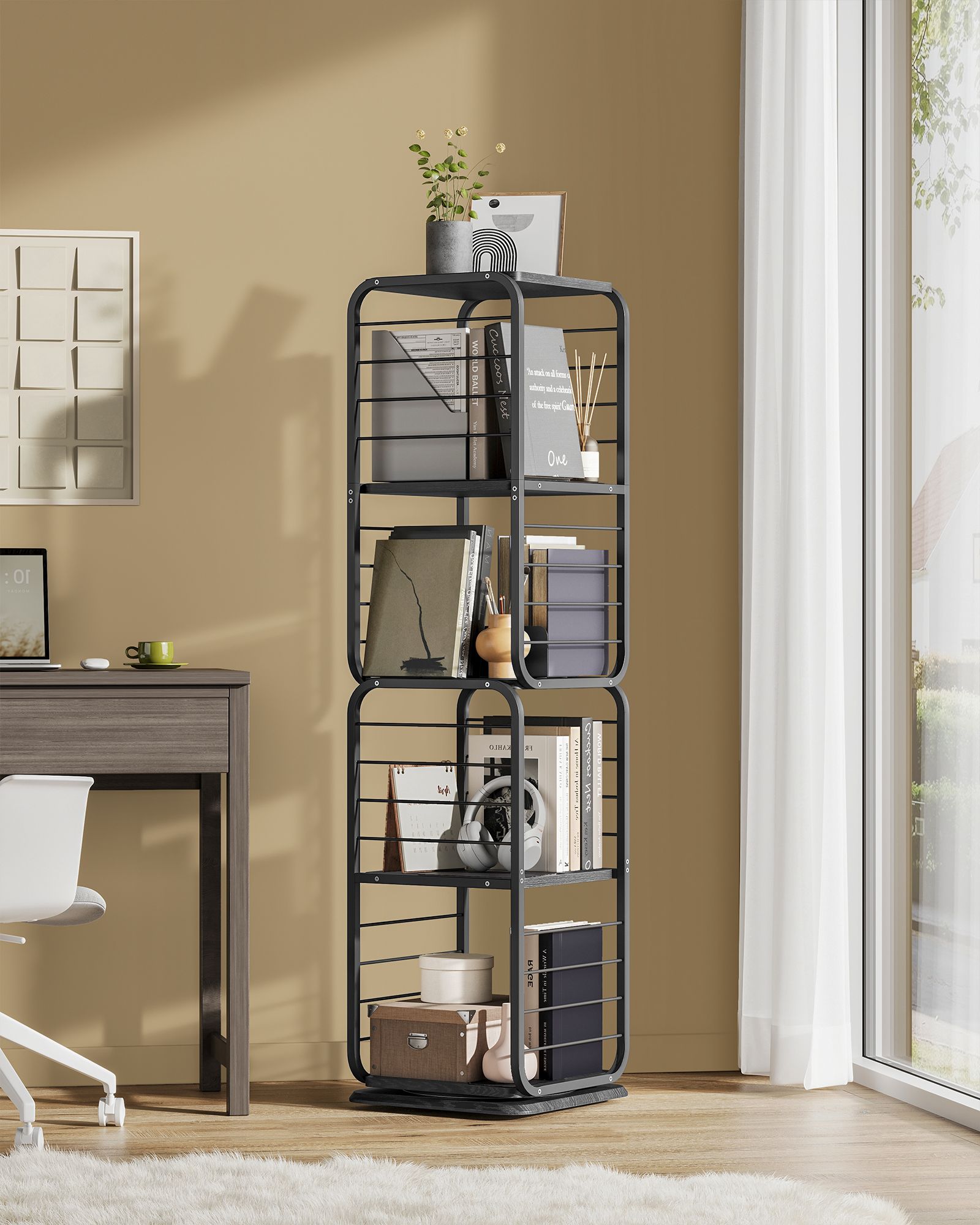 4-Tier Rotating Bookshelf - Steel - Ebony Black