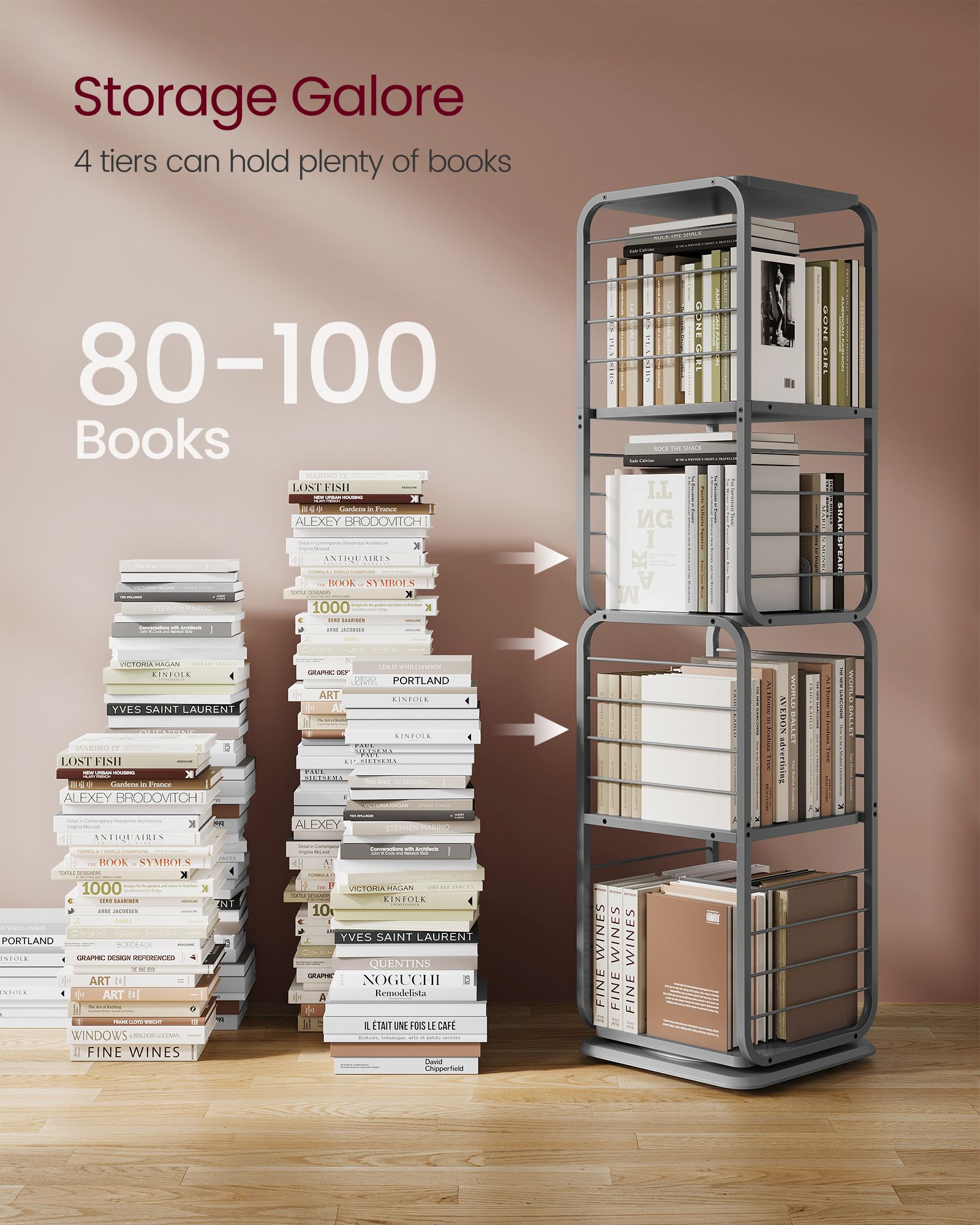 4-Tier Rotating Bookshelf - Steel Frame - Dove Grey