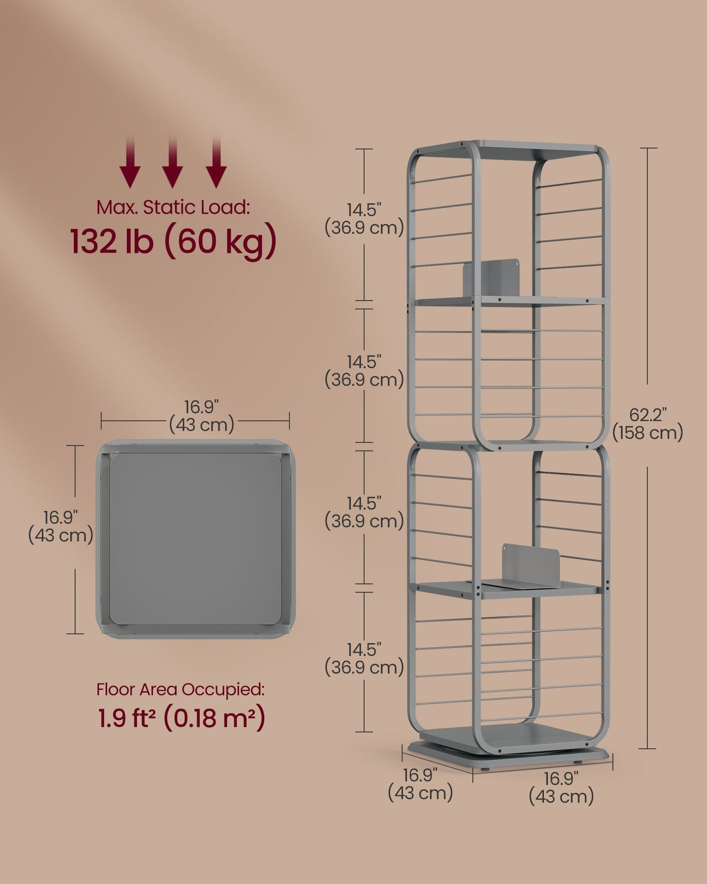 4-Tier Rotating Bookshelf - Steel Frame - Dove Grey