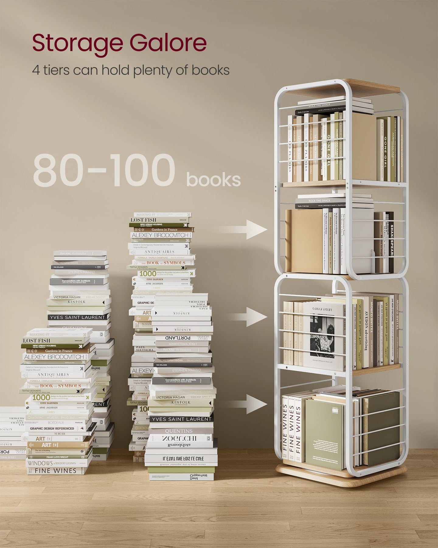 4-Tier Rotating Bookshelf - Steel Frame - Natural Beige