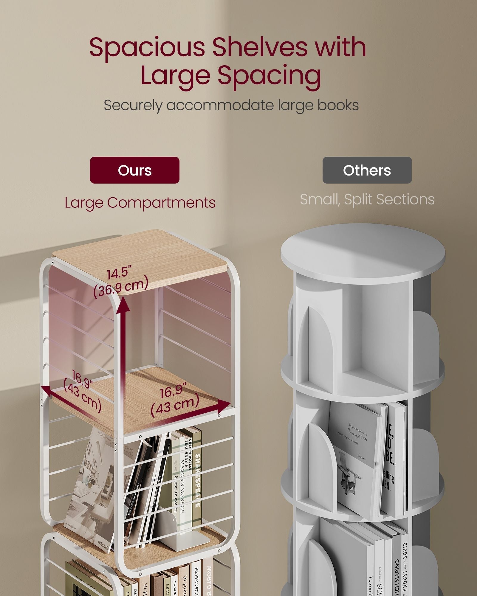 4-Tier Rotating Bookshelf - Steel Frame - Natural Beige