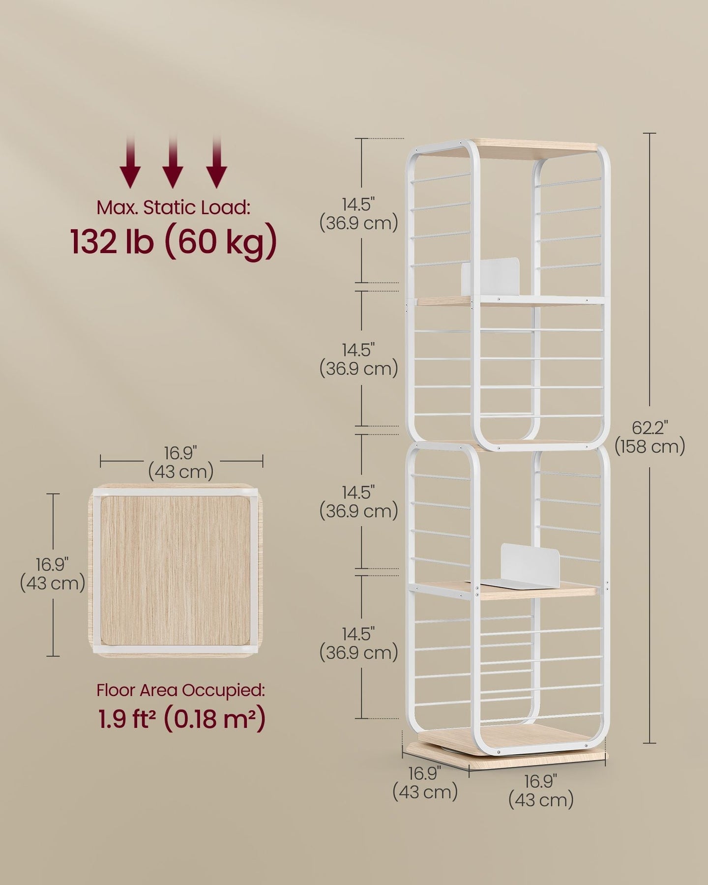 4-Tier Rotating Bookshelf - Steel Frame - Natural Beige