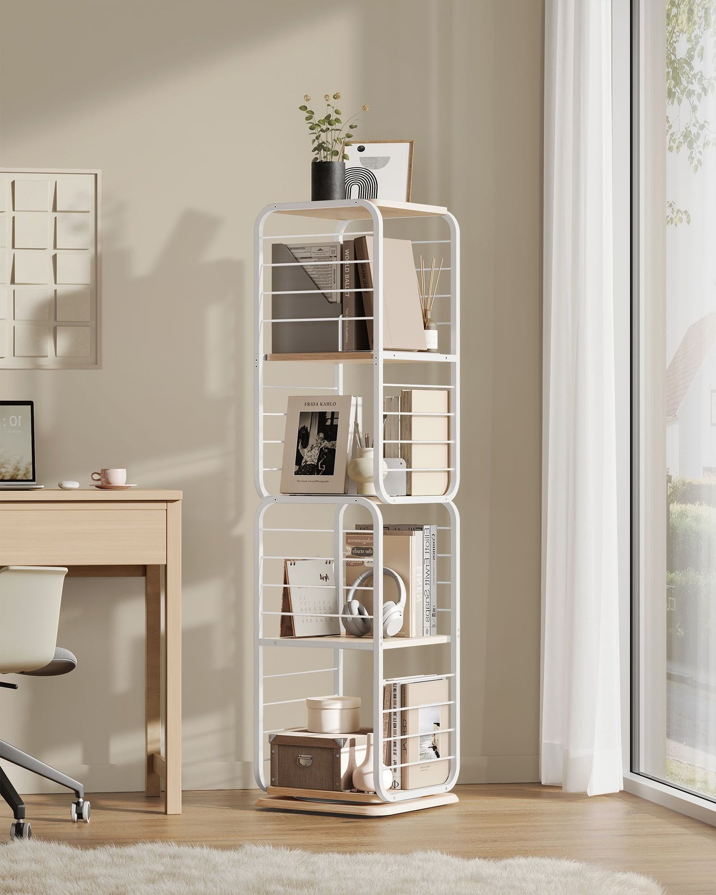 4-Tier Rotating Bookshelf - Steel Frame - Natural Beige