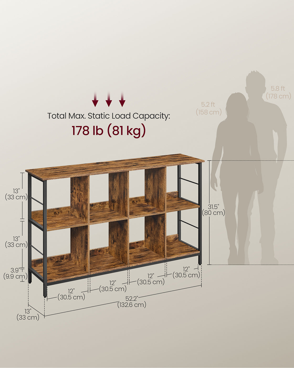 Bookshelf - Wood - Rustic Brown - 2-Tier Display Shelf 33 x 132.6 x 80 cm