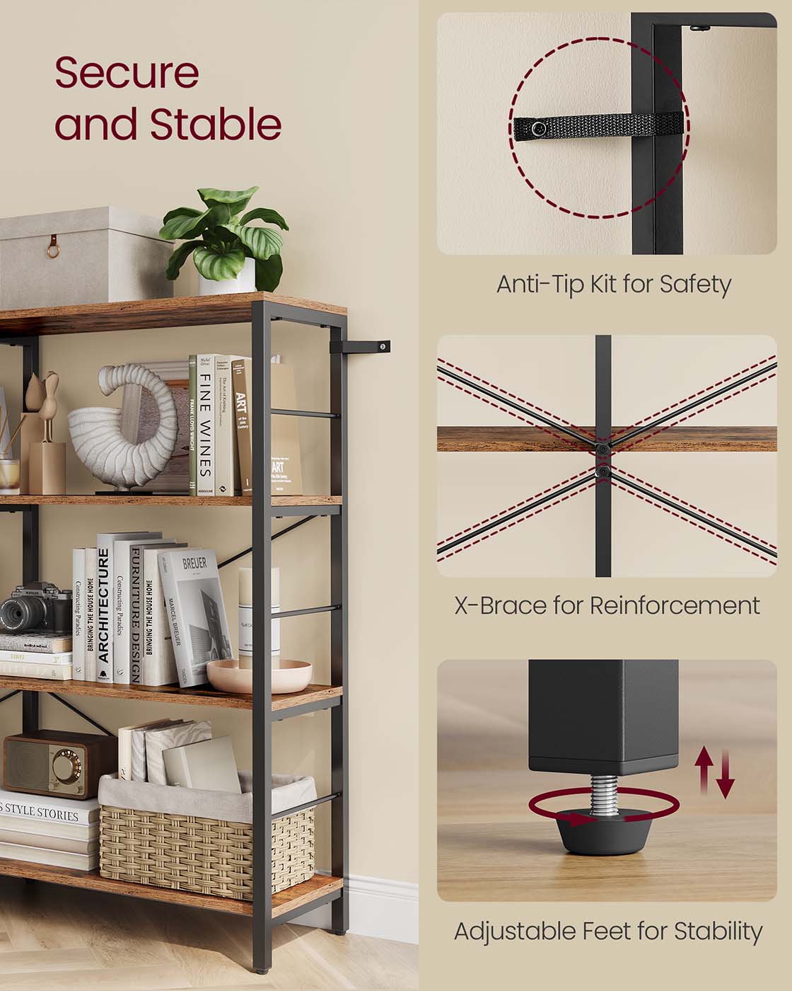 6-Tier Bookshelf - Engineered Wood - Rustic Brown and Black