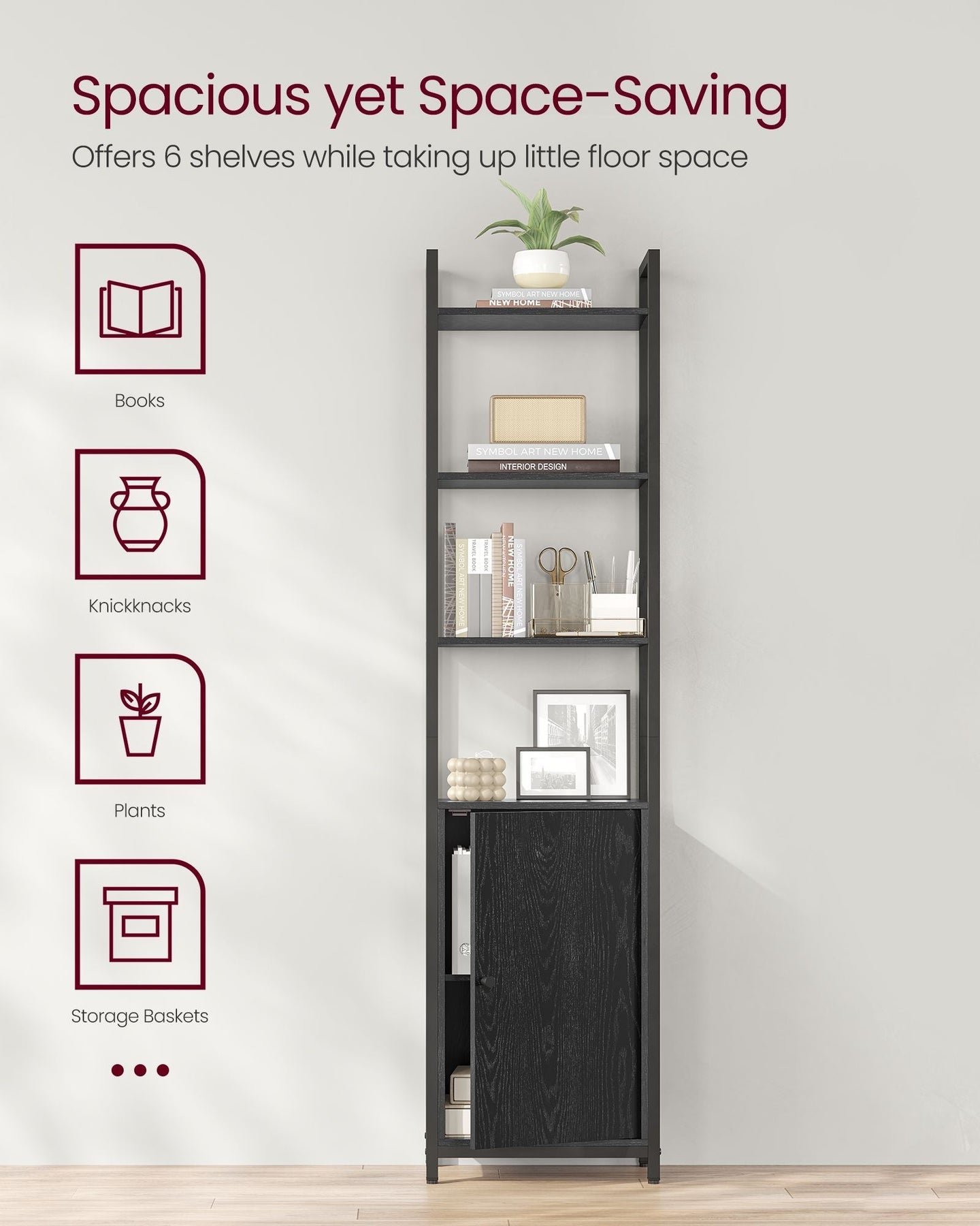 6-Tier Bookcase - Metal - Ebony Black - Tall Design with Adjustable Shelves and Door