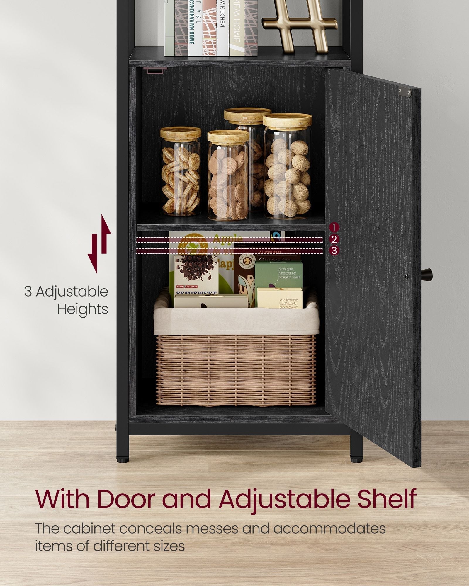 6-Tier Bookcase - Metal - Ebony Black - Tall Design with Adjustable Shelves and Door