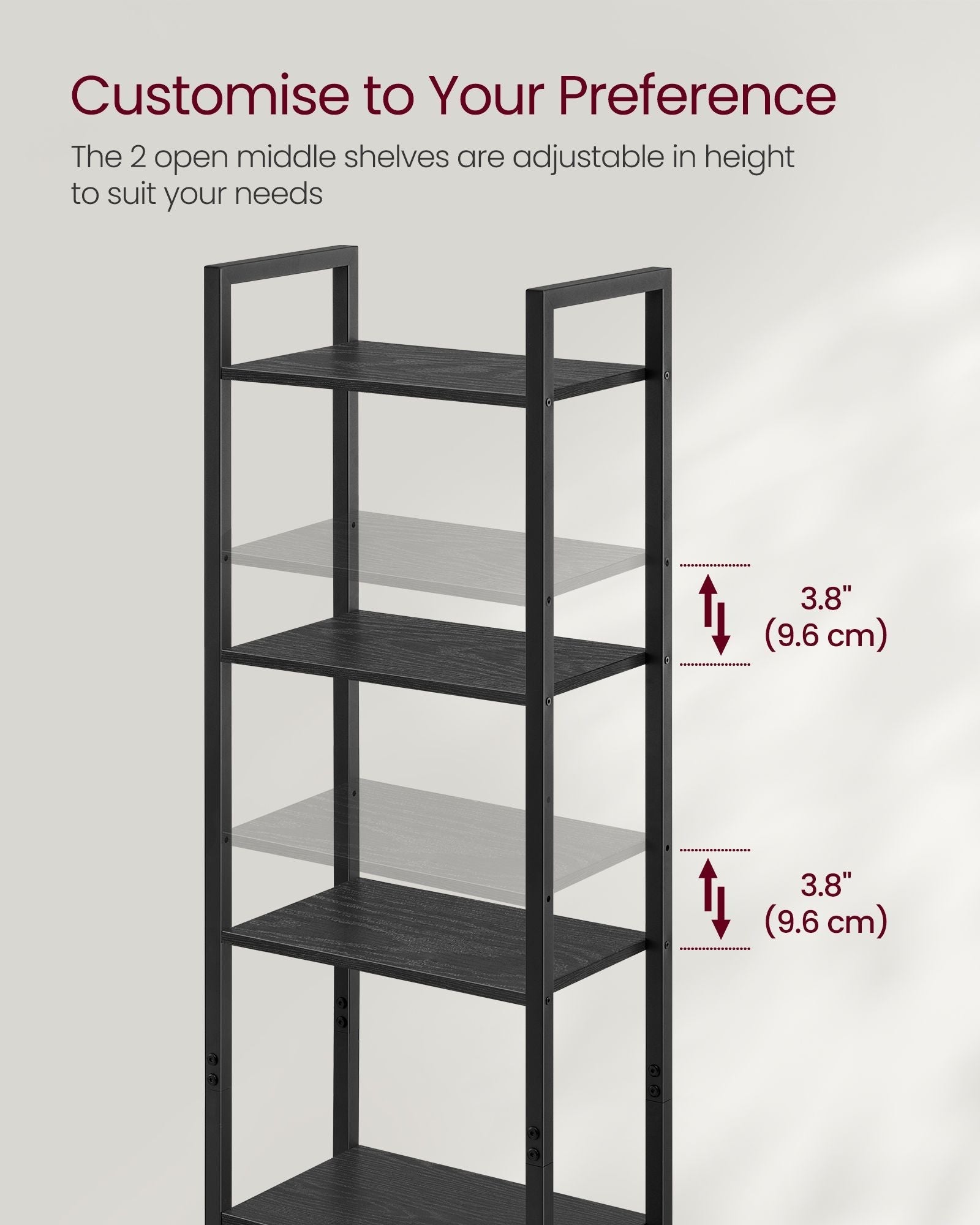 6-Tier Bookcase - Metal - Ebony Black - Tall Design with Adjustable Shelves and Door