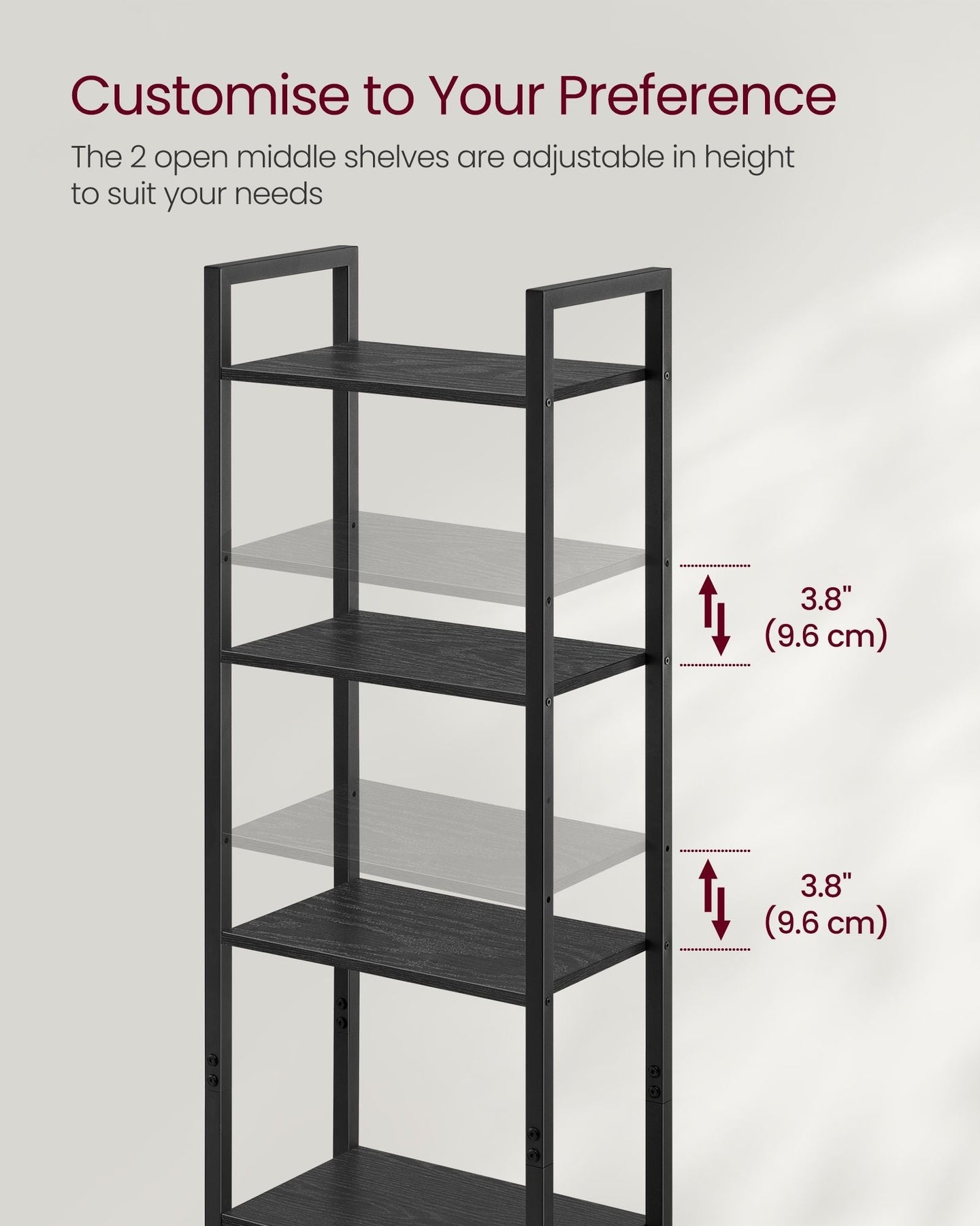 6-Tier Bookcase - Metal - Ebony Black - Tall Design with Adjustable Shelves and Door