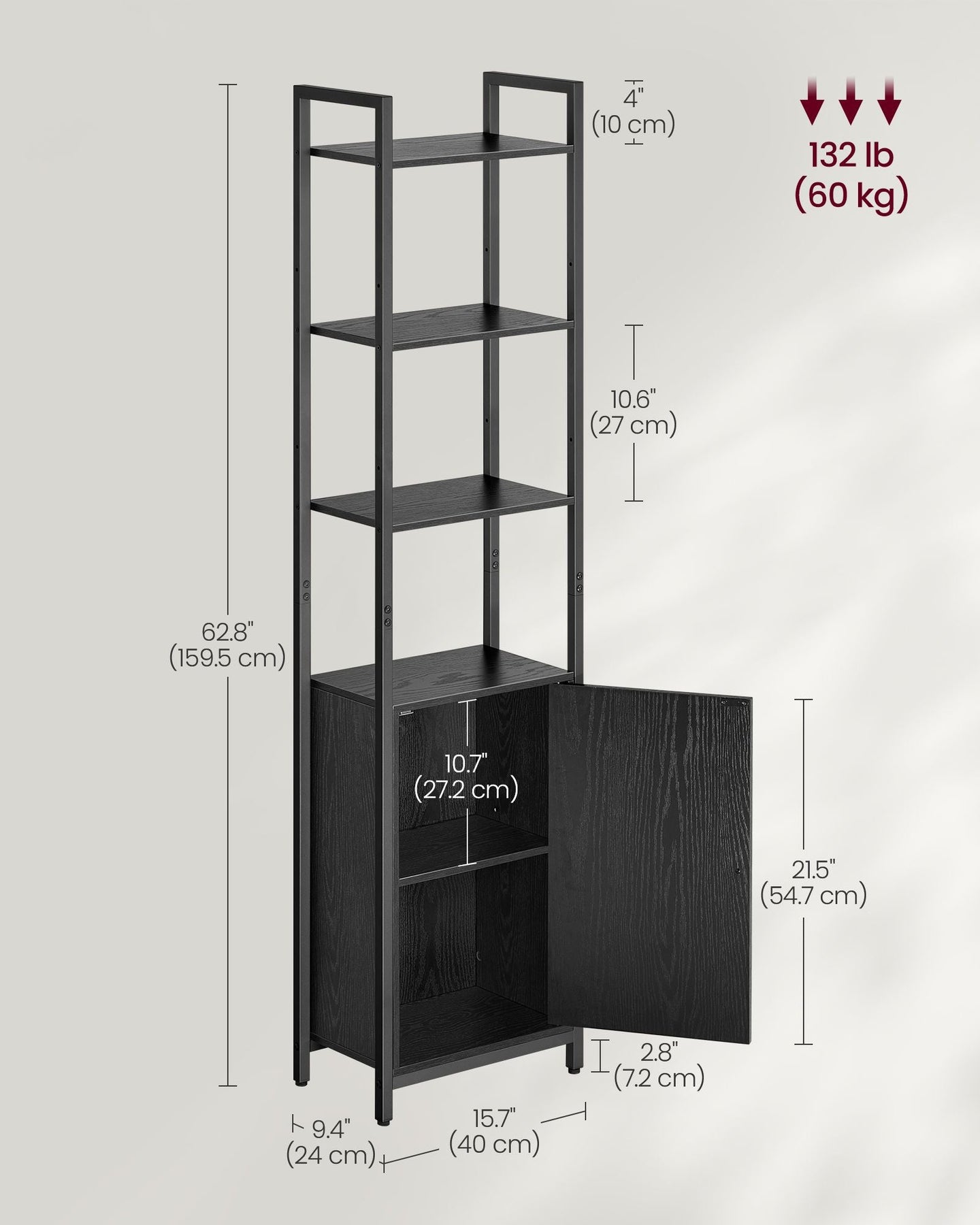 6-Tier Bookcase - Metal - Ebony Black - Tall Design with Adjustable Shelves and Door