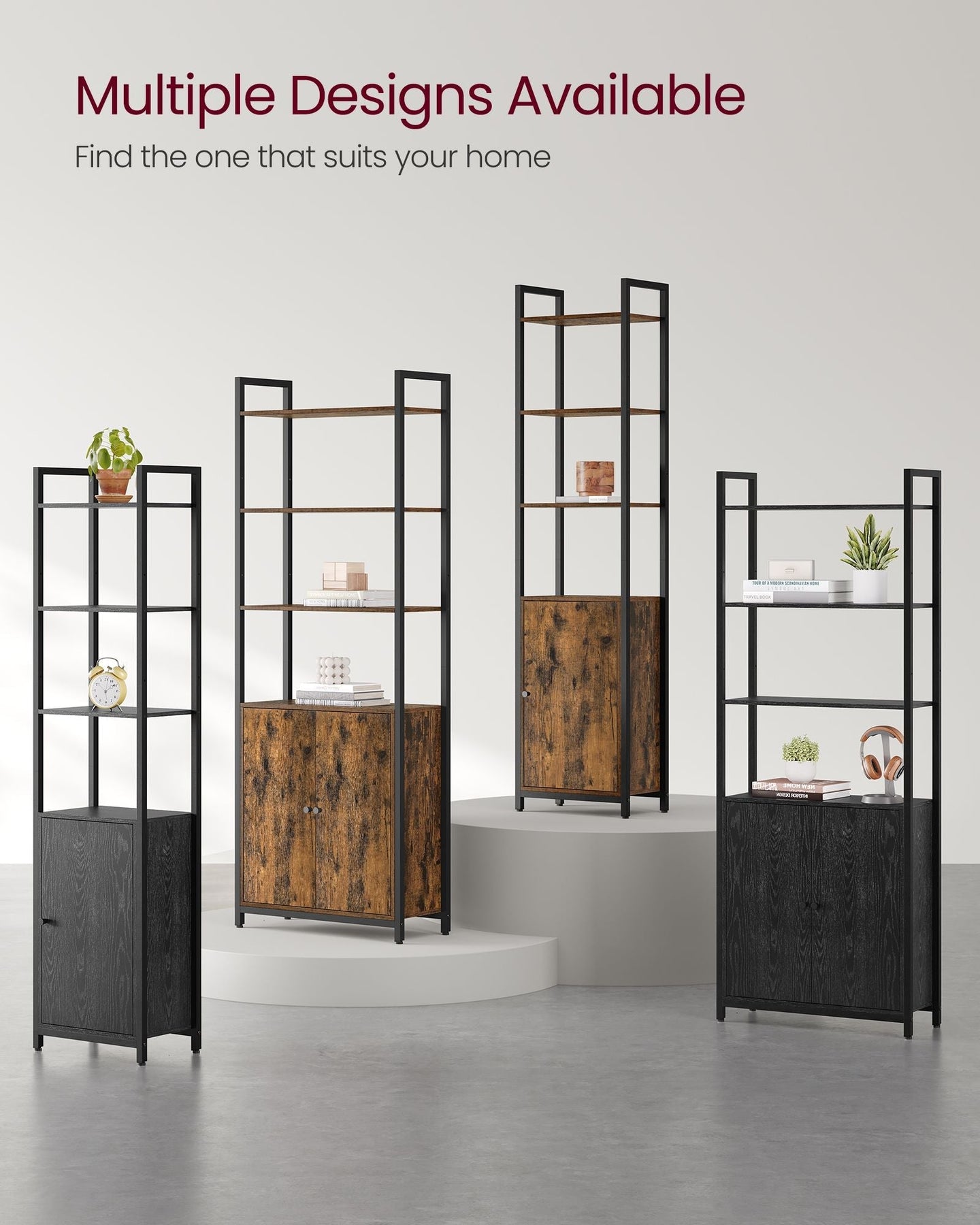 6-Tier Bookcase - Metal - Ebony Black - Tall Design with Adjustable Shelves and Door