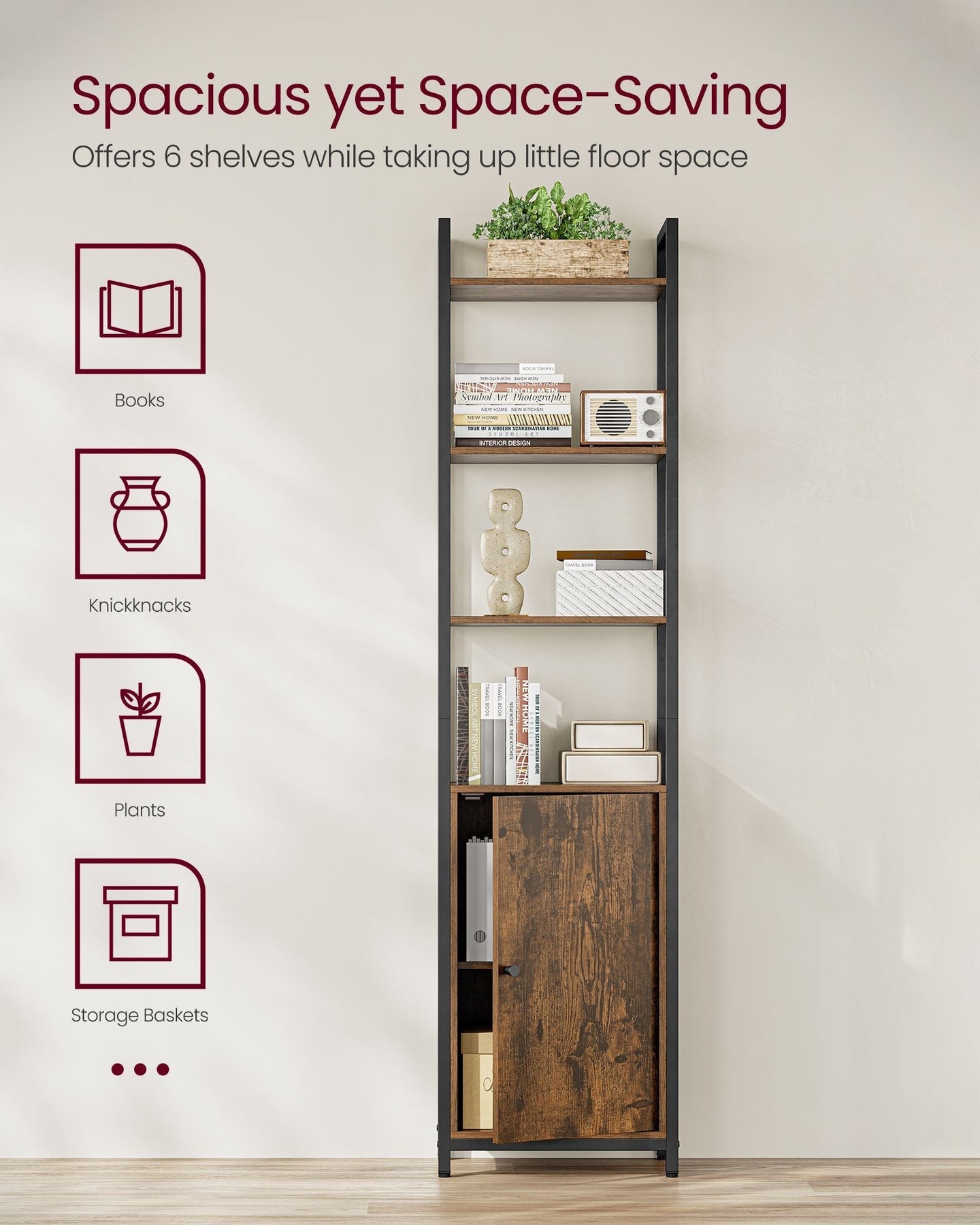6-Tier Bookcase - Metal Frame - Rustic Brown - Adjustable Shelves with Door