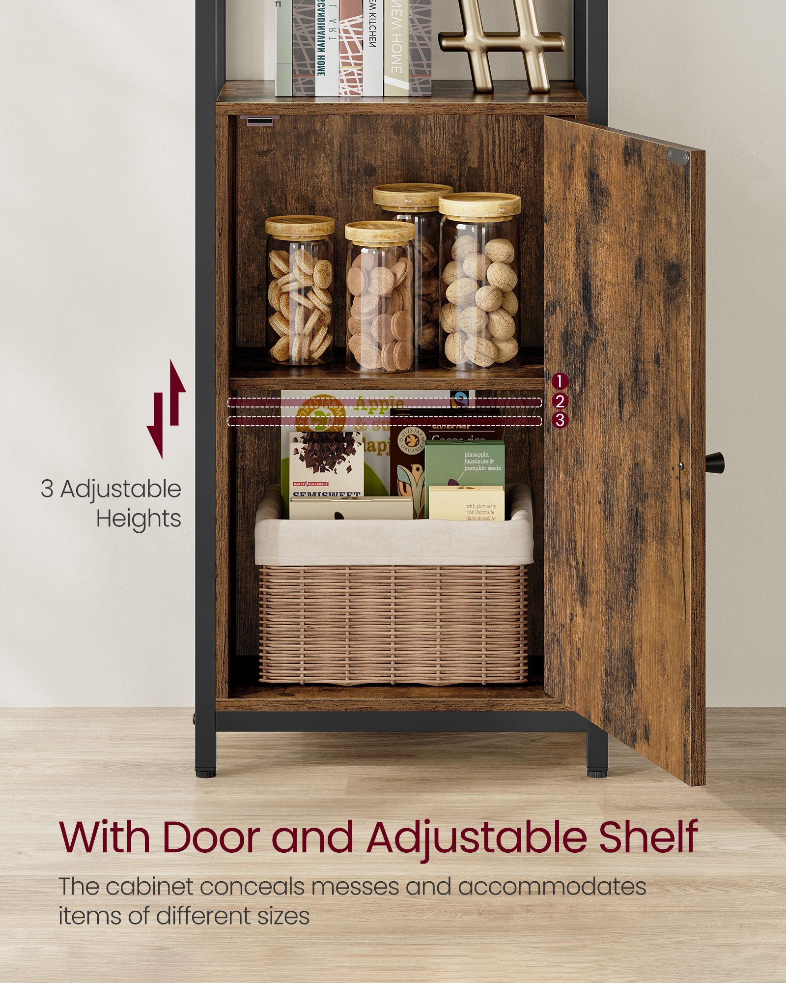 6-Tier Bookcase - Metal Frame - Rustic Brown - Adjustable Shelves with Door