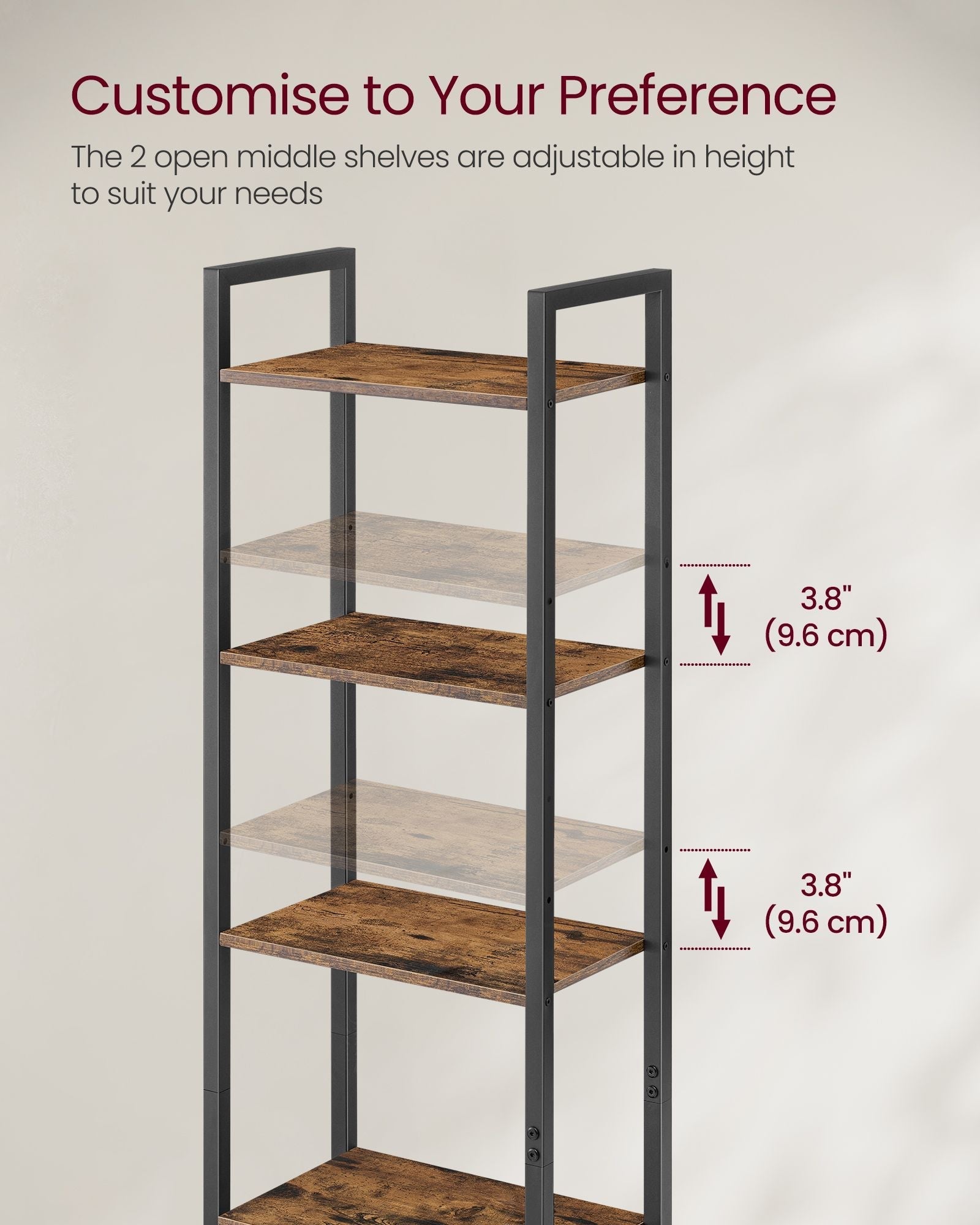 6-Tier Bookcase - Metal Frame - Rustic Brown - Adjustable Shelves with Door