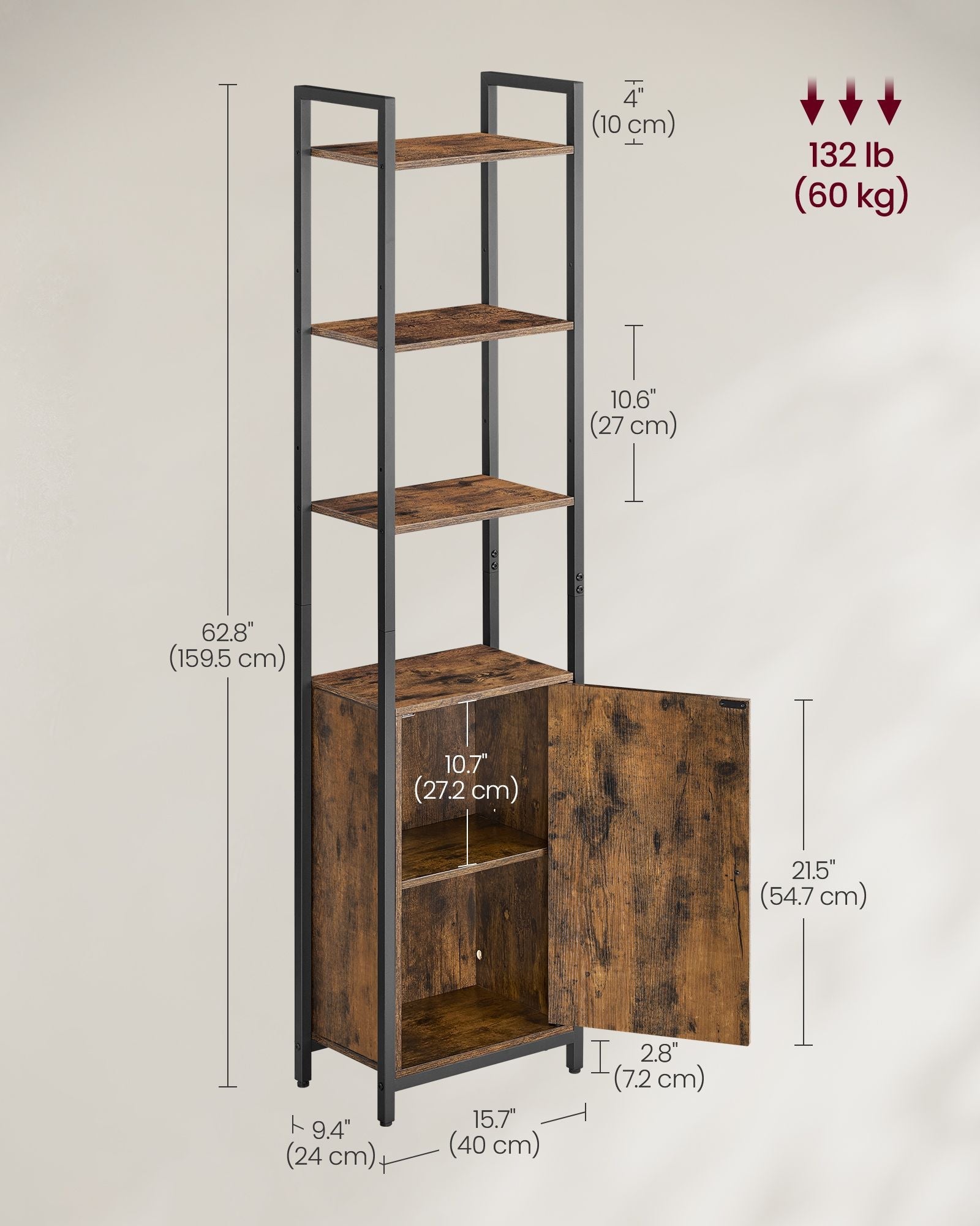 6-Tier Bookcase - Metal Frame - Rustic Brown - Adjustable Shelves with Door
