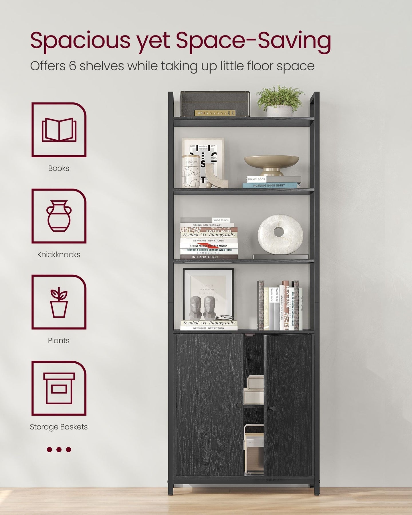 7-Tier Bookcase - Metal - Ebony Black - Adjustable Shelves with Door