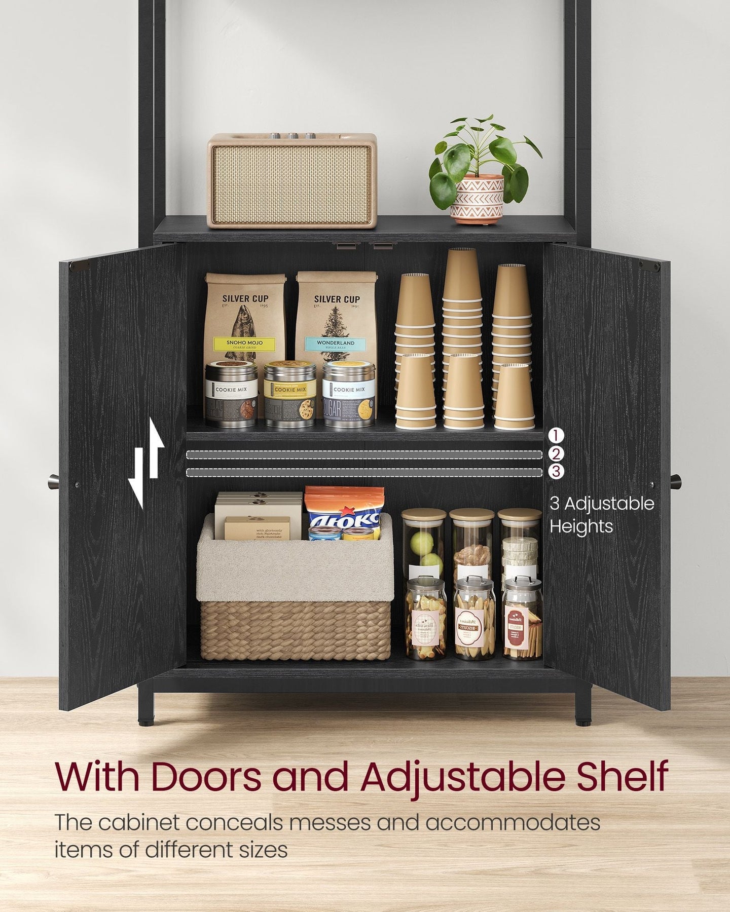 7-Tier Bookcase - Metal - Ebony Black - Adjustable Shelves with Door