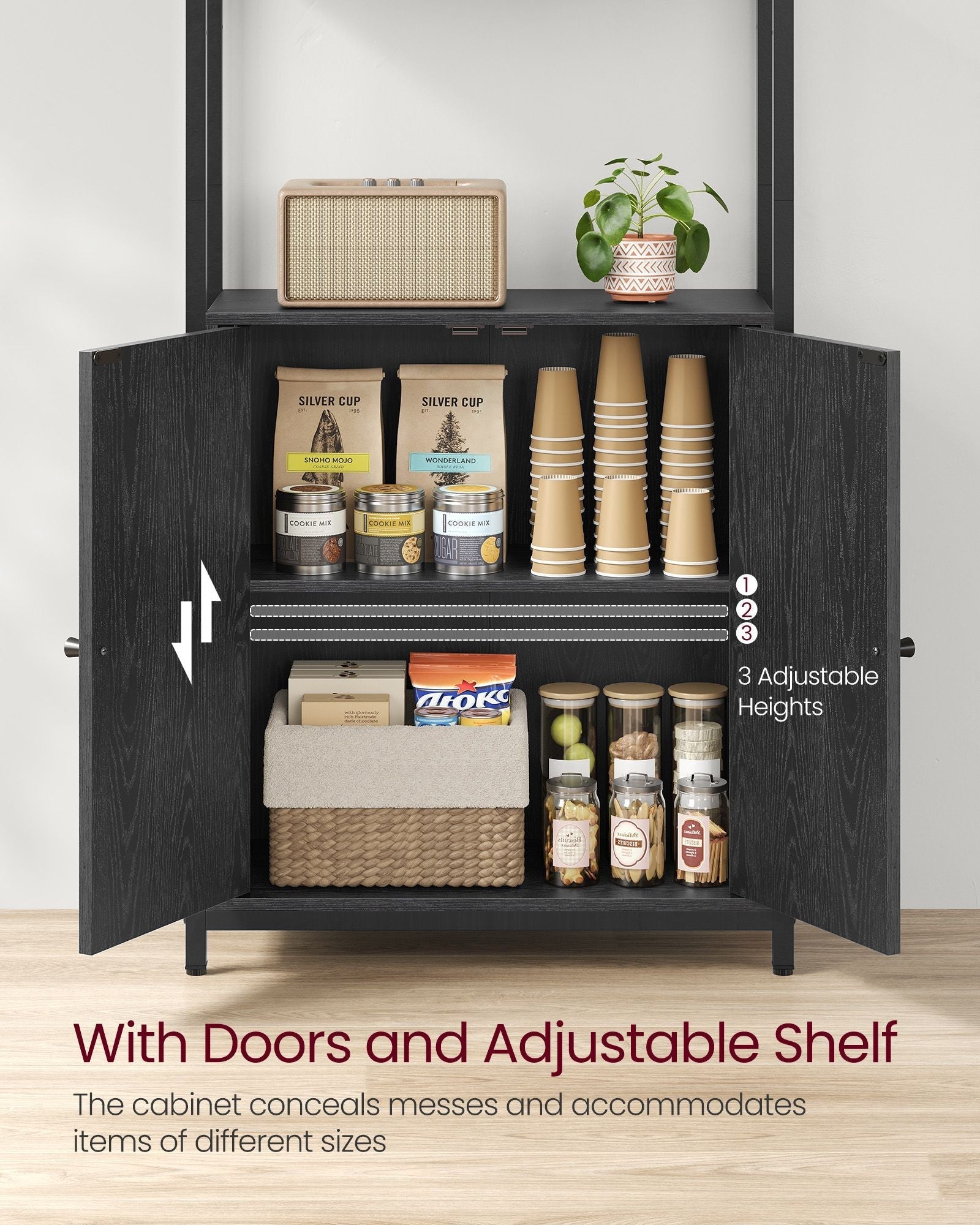 7-Tier Bookcase - Metal - Ebony Black - Adjustable Shelves with Door