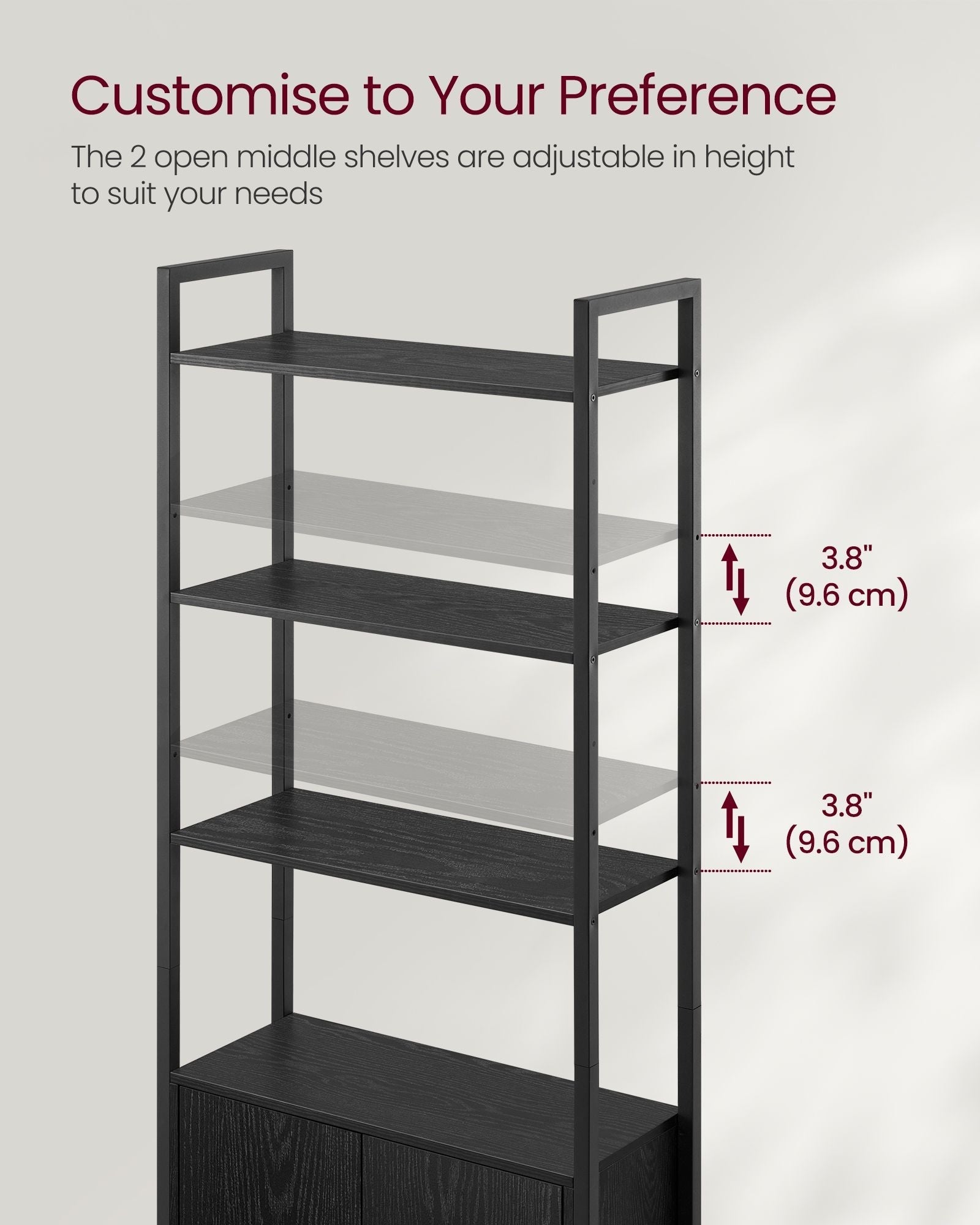 7-Tier Bookcase - Metal - Ebony Black - Adjustable Shelves with Door