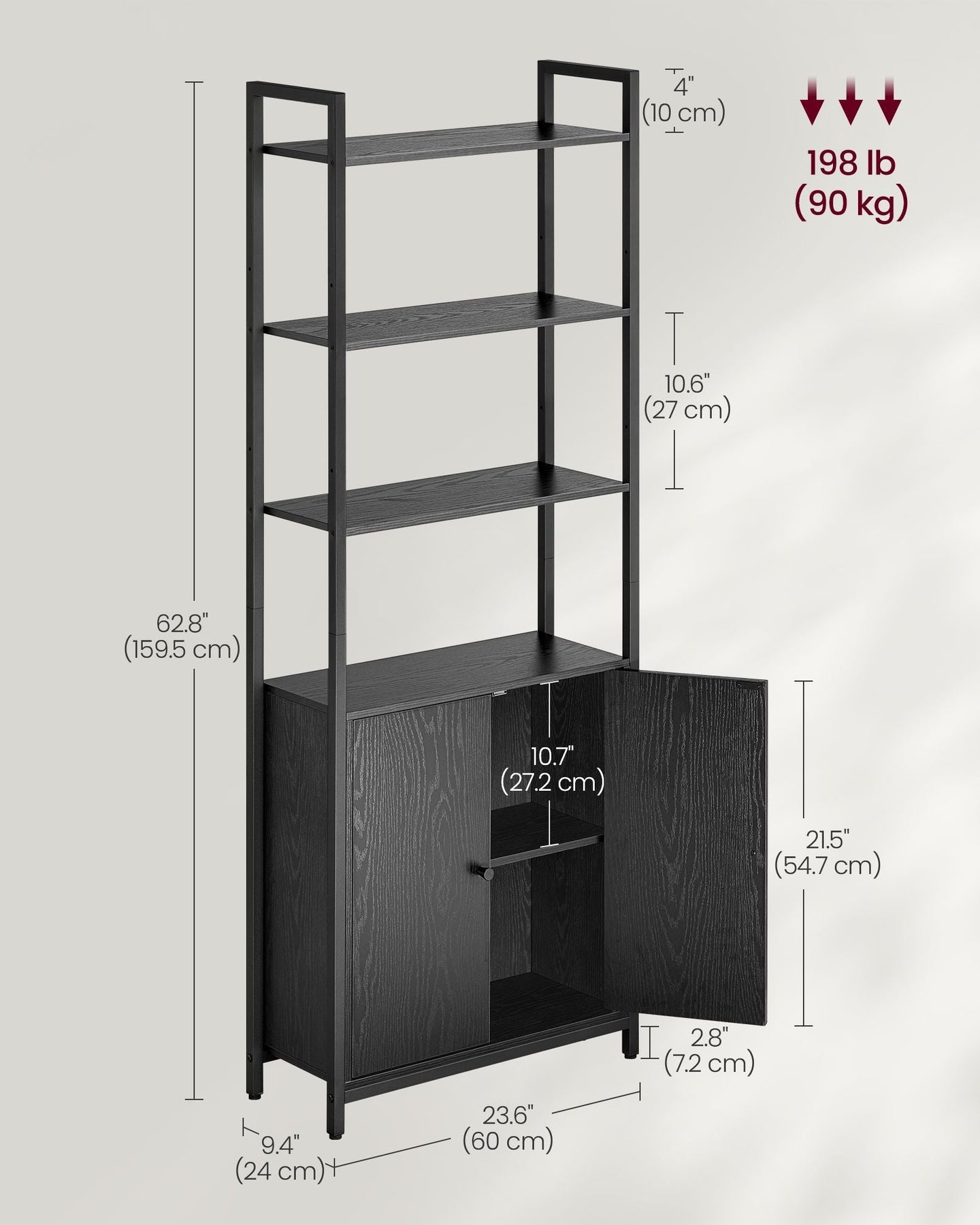 7-Tier Bookcase - Metal - Ebony Black - Adjustable Shelves with Door
