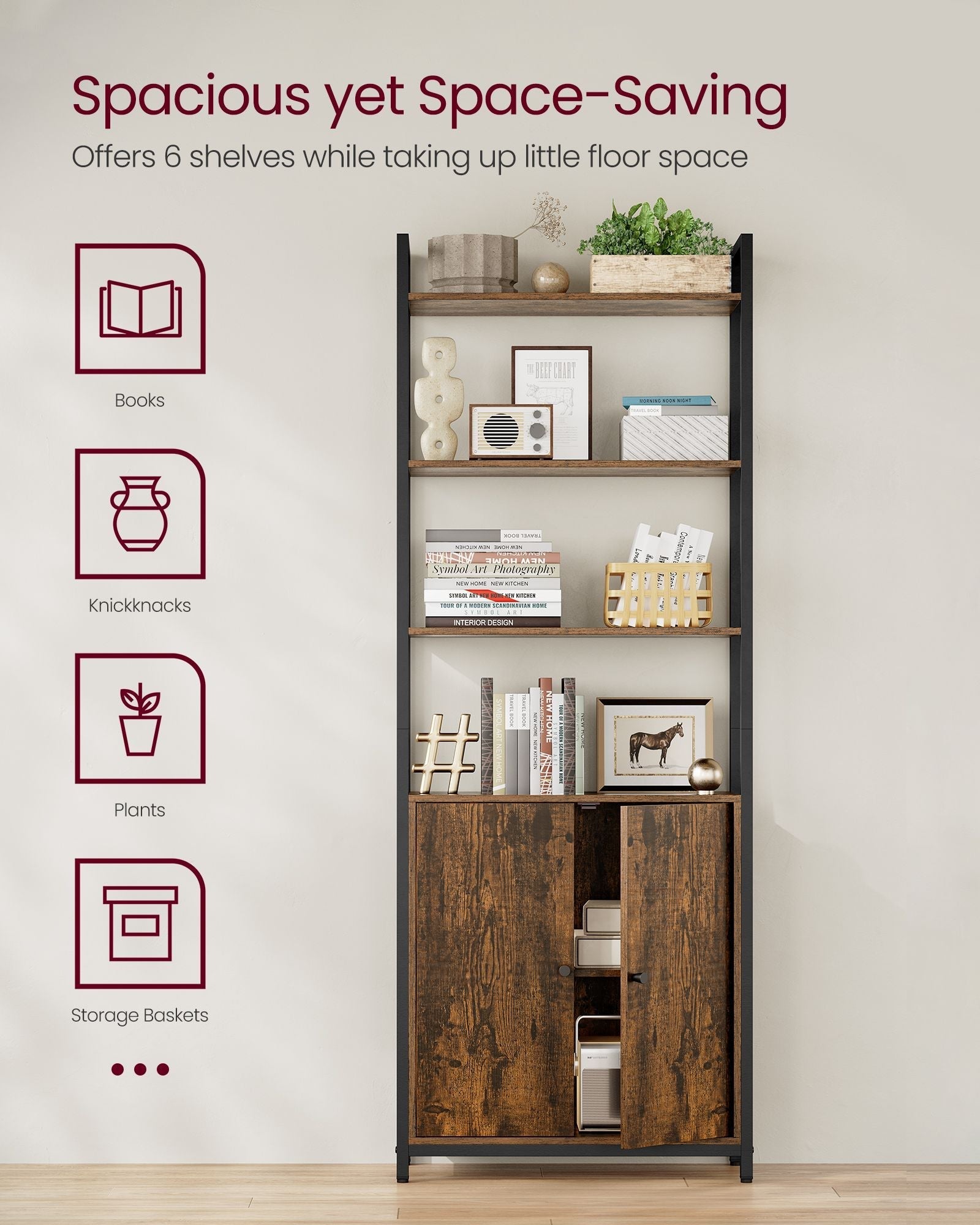 7-Tier Bookcase - Wood - Rustic Brown - Adjustable Shelves with Door