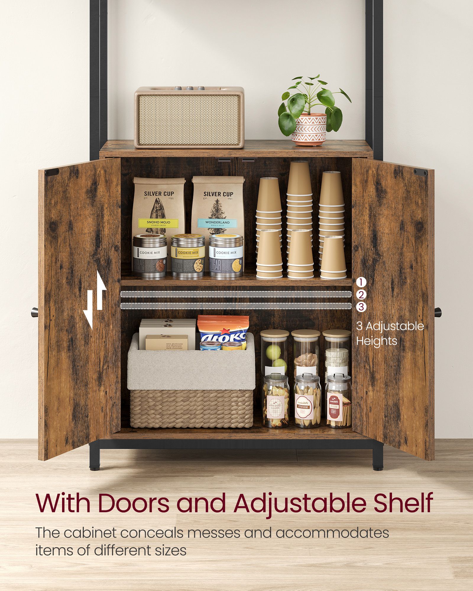 7-Tier Bookcase - Wood - Rustic Brown - Adjustable Shelves with Door