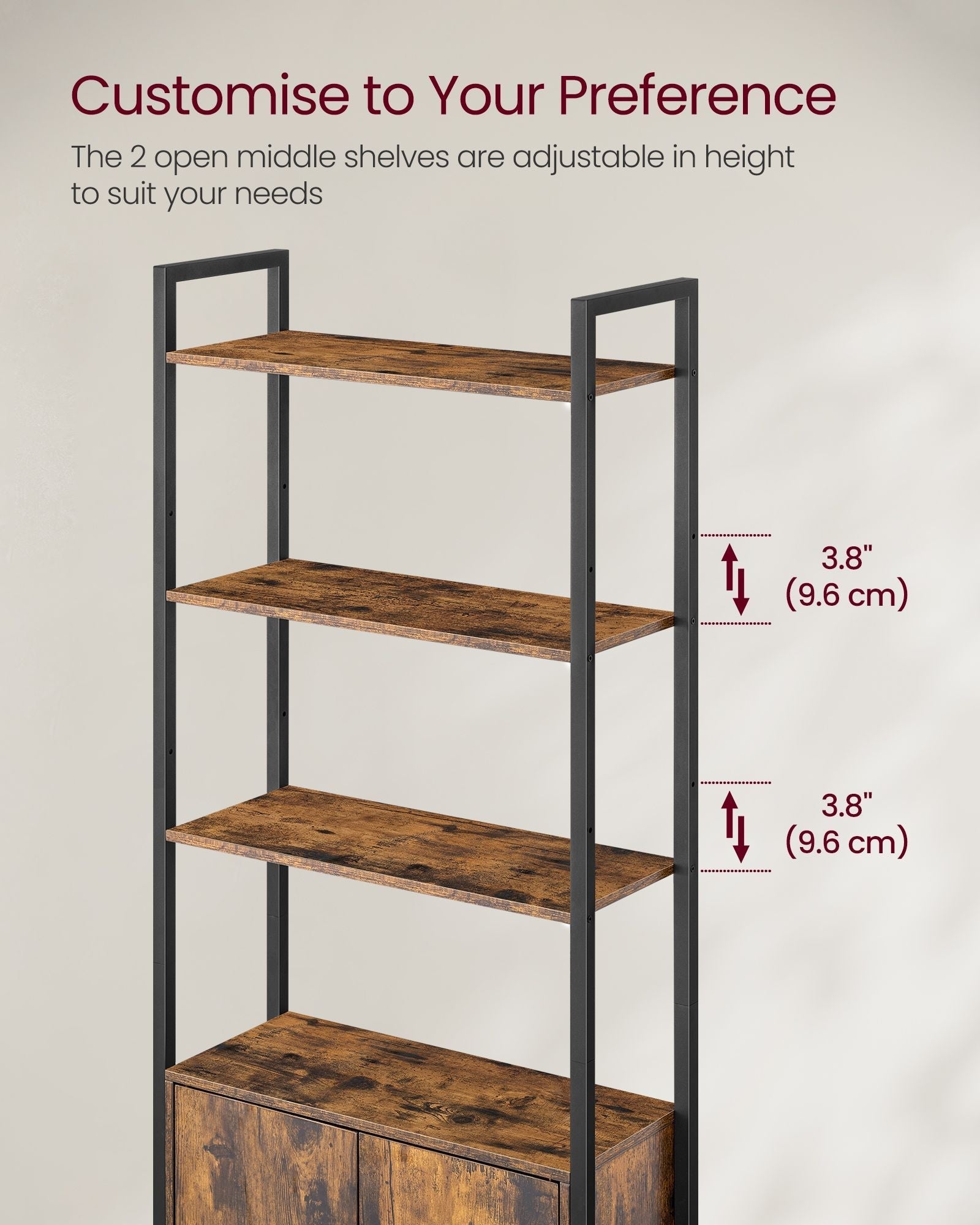 7-Tier Bookcase - Wood - Rustic Brown - Adjustable Shelves with Door