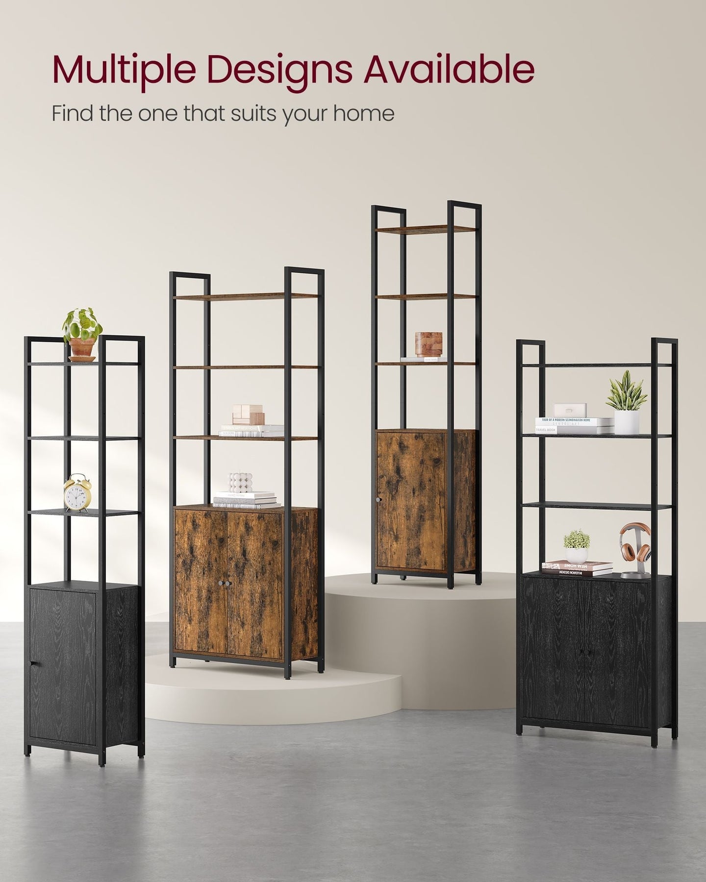 7-Tier Bookcase - Wood - Rustic Brown - Adjustable Shelves with Door