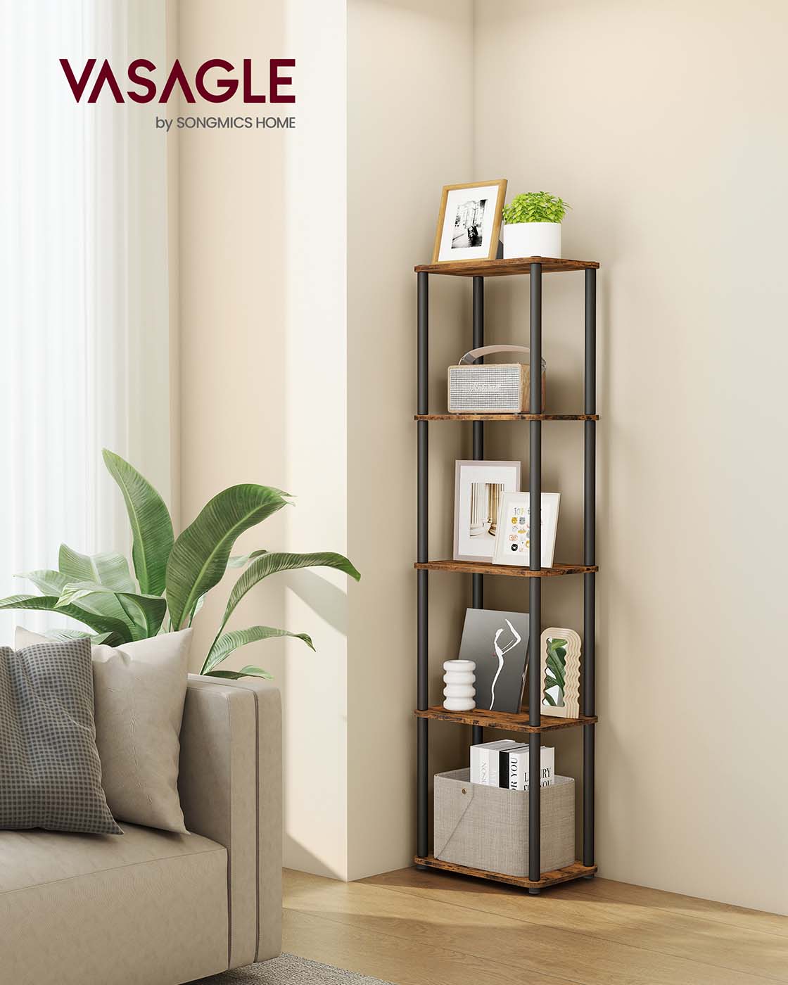 Five Tier Storage Shelf - Wood - Rustic Brown
