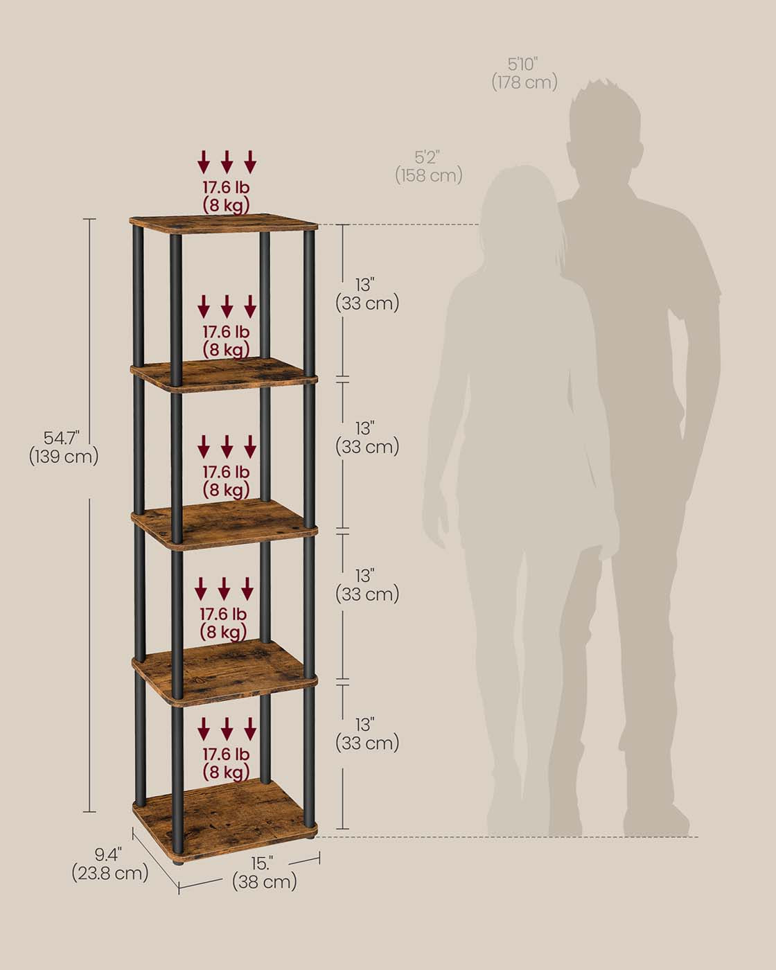 Five Tier Storage Shelf - Wood - Rustic Brown