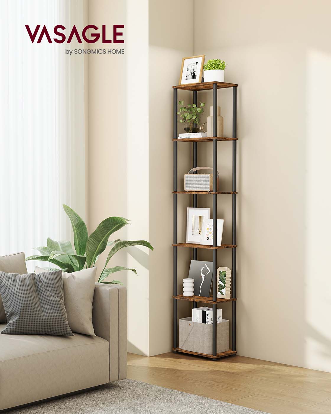 Six-Tier Storage Shelf - Engineered Wood - Rustic Brown