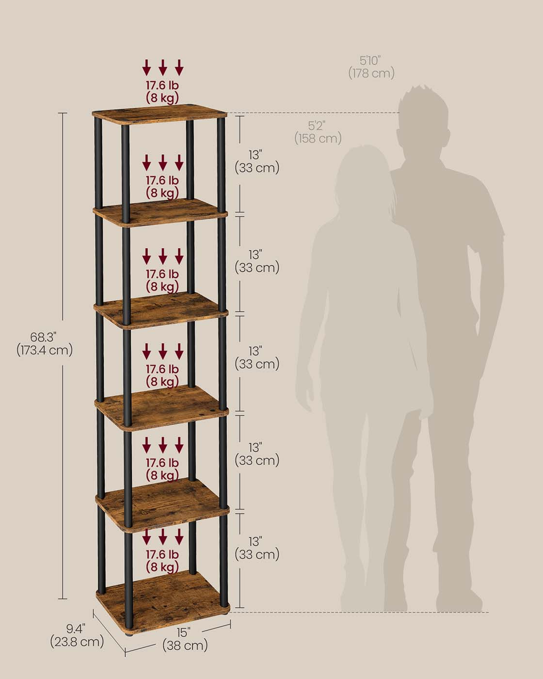 Six-Tier Storage Shelf - Engineered Wood - Rustic Brown