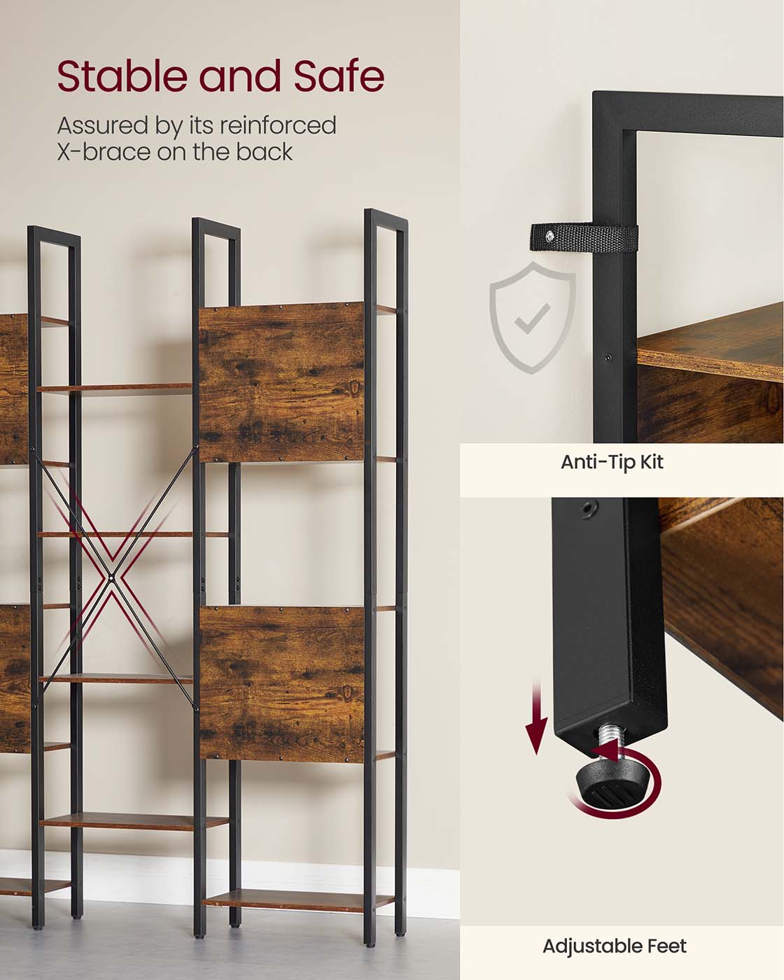 Bookcase - Metal - Rustic Brown - 14 Shelves