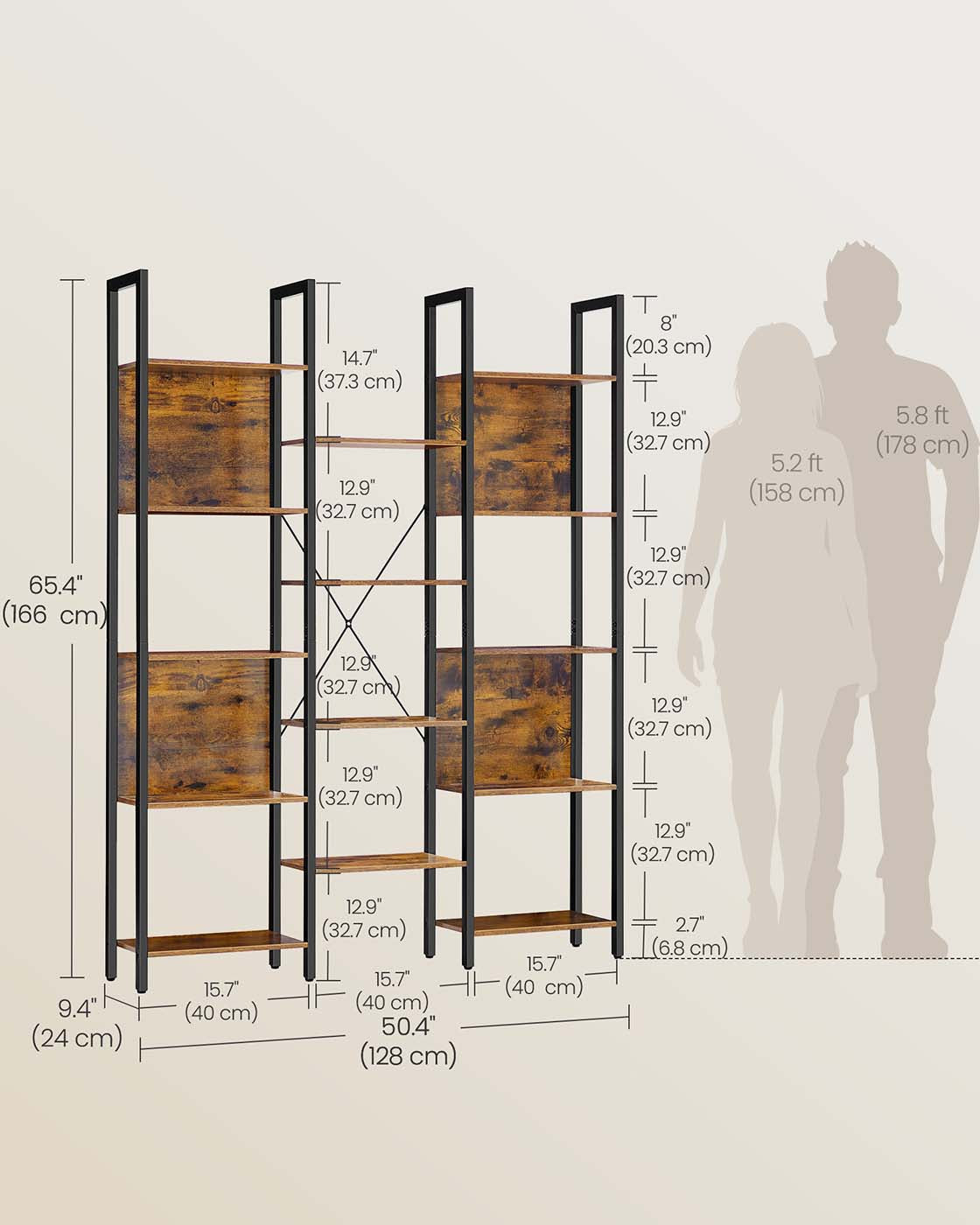 Bookcase - Metal - Rustic Brown - 14 Shelves
