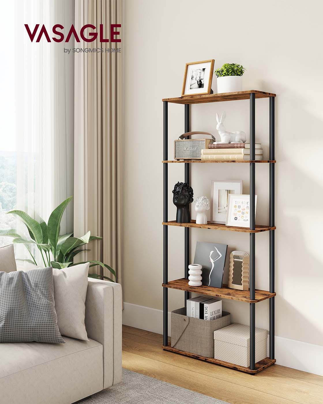 Five Tier Storage Shelf - Wood - Rustic Brown - Sturdy Design for Everyday Use