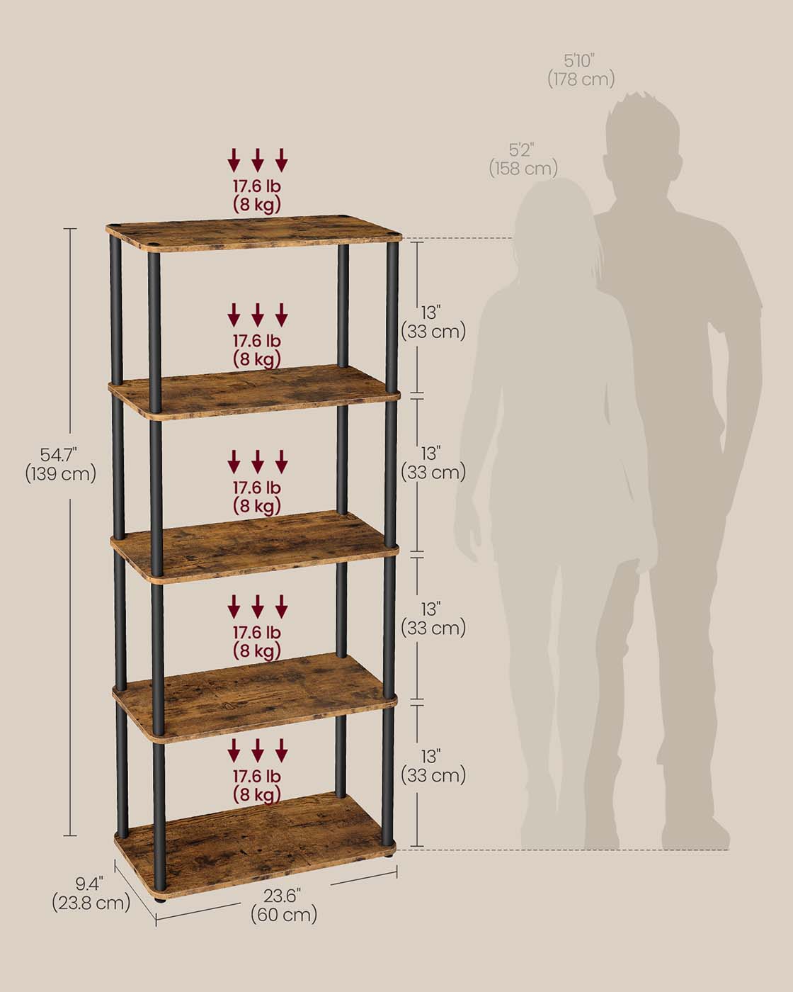 Five Tier Storage Shelf - Wood - Rustic Brown - Sturdy Design for Everyday Use