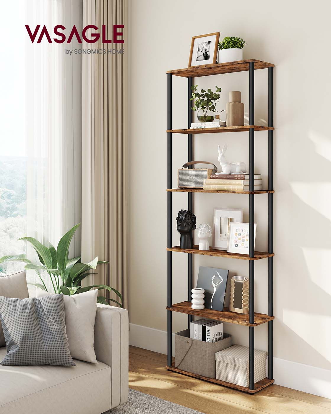 Six-Tier Storage Shelf - Engineered Wood - Rustic Brown - Sturdy Design for Everyday Needs