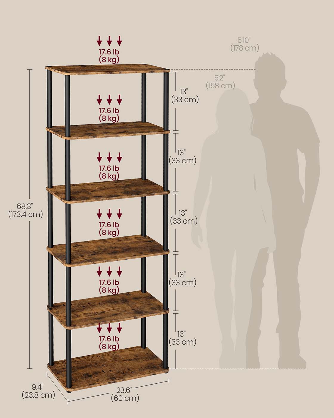 Six-Tier Storage Shelf - Engineered Wood - Rustic Brown - Sturdy Design for Everyday Needs