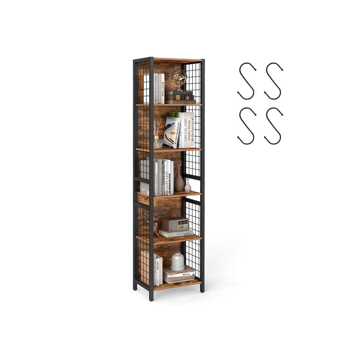 6-Tier Bookcase - Wood - Rustic Brown - Multiple Shelves with Hooks