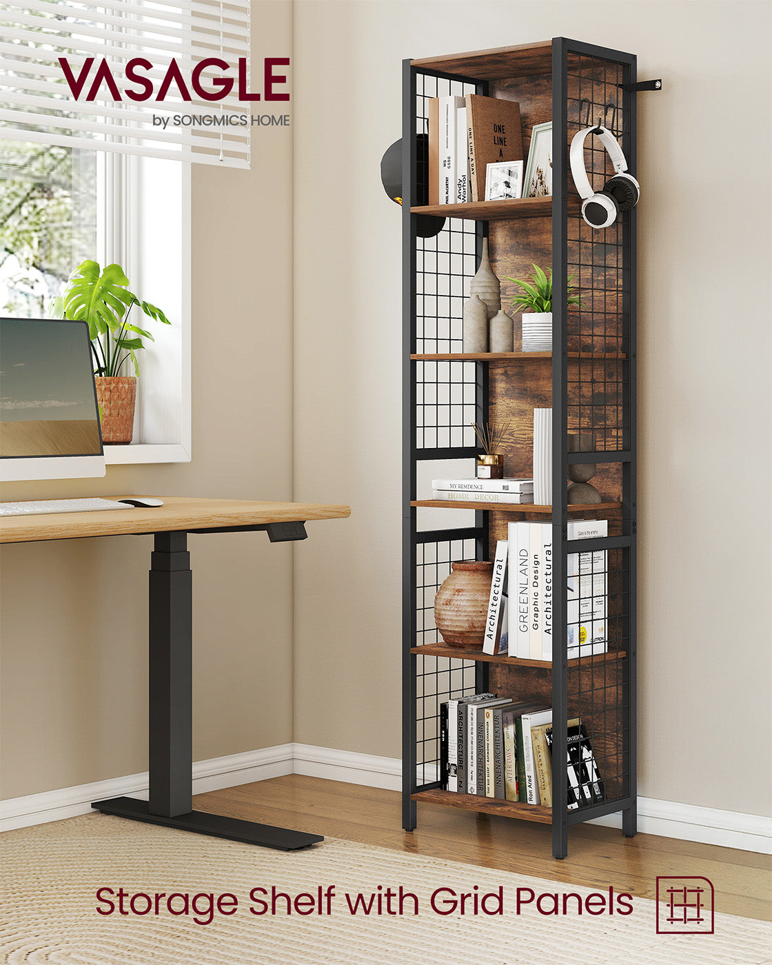 6-Tier Bookcase - Wood - Rustic Brown - Multiple Shelves with Hooks