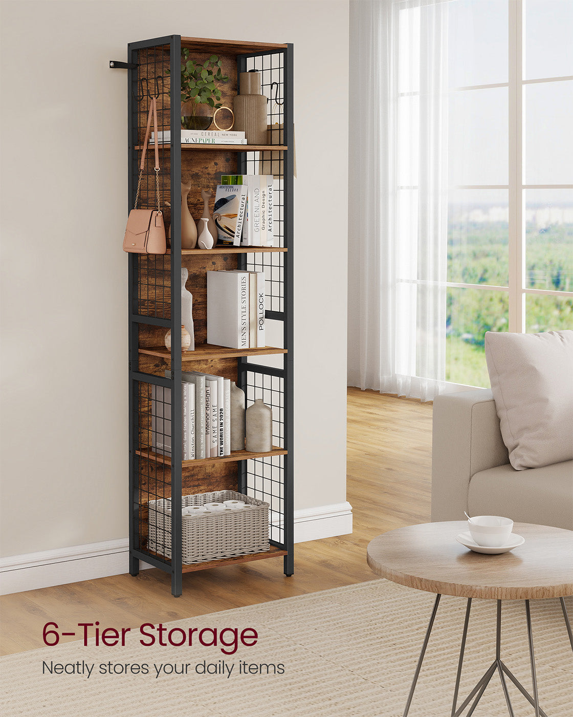 6-Tier Bookcase - Wood - Rustic Brown - Multiple Shelves with Hooks