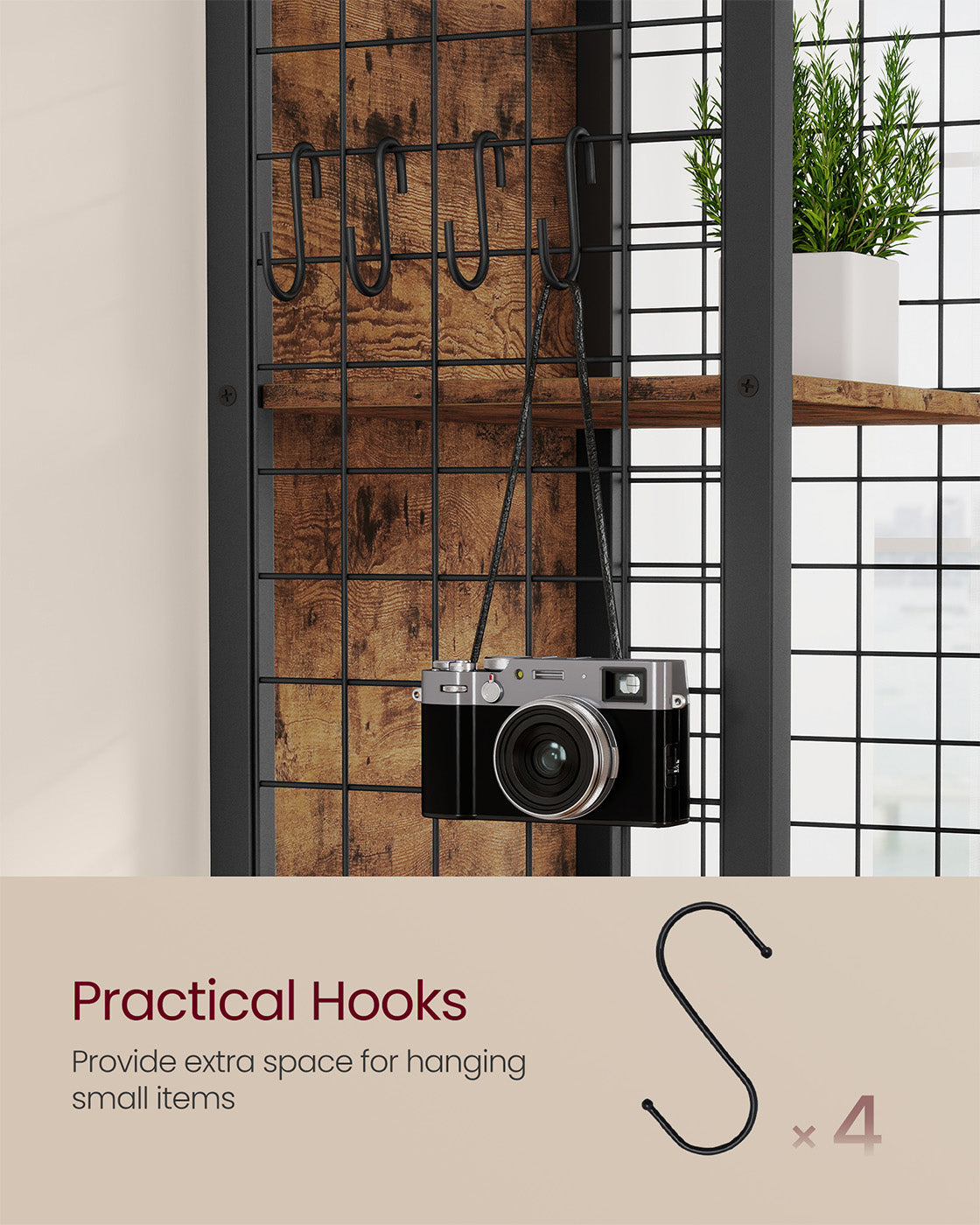6-Tier Bookcase - Wood - Rustic Brown - Multiple Shelves with Hooks