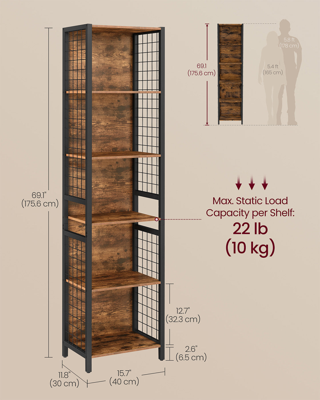 6-Tier Bookcase - Wood - Rustic Brown - Multiple Shelves with Hooks